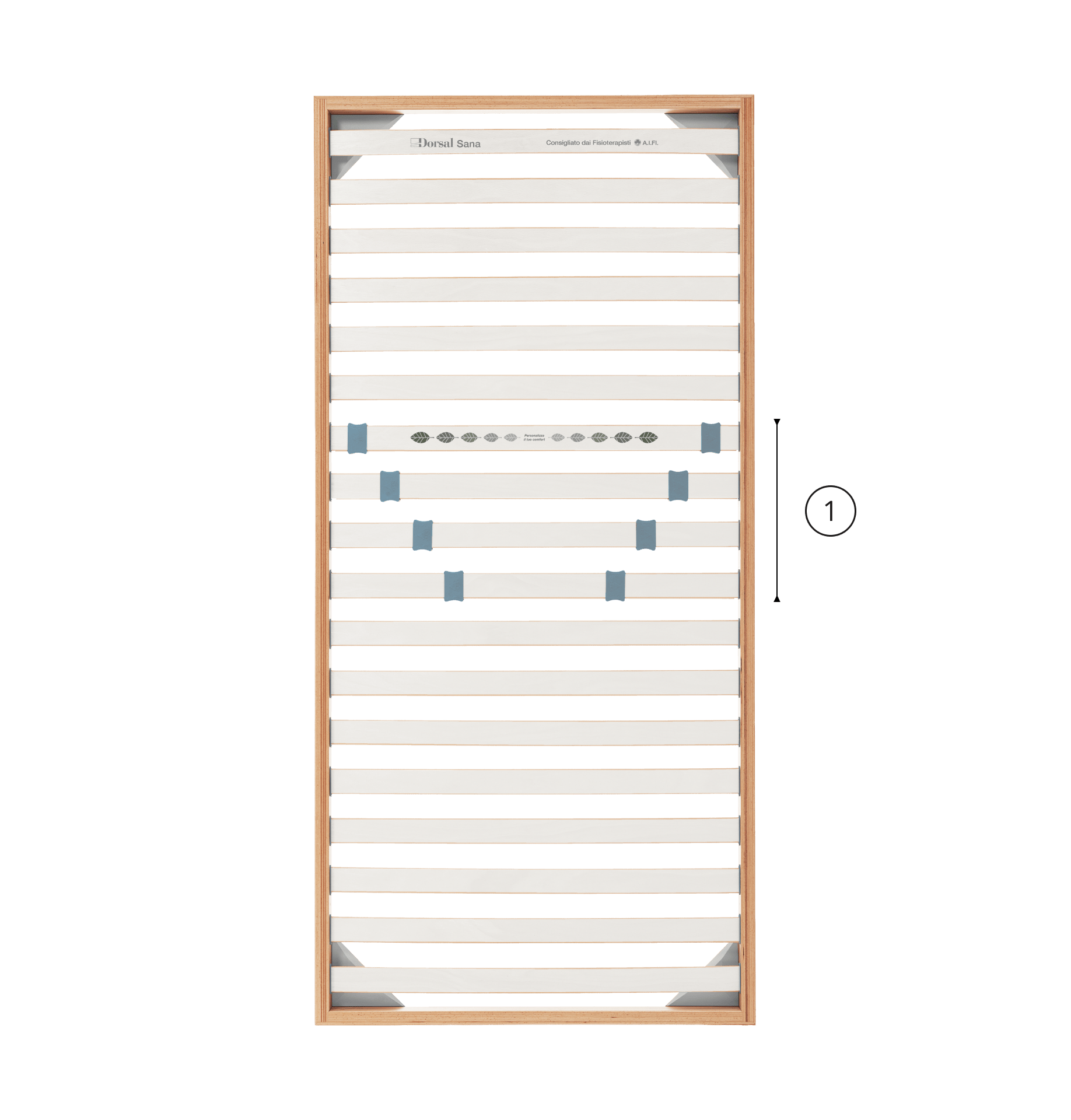 Rete matrimoniale in legno con listelli bianchi e supporti regolabili blu, struttura esterna marrone chiaro.