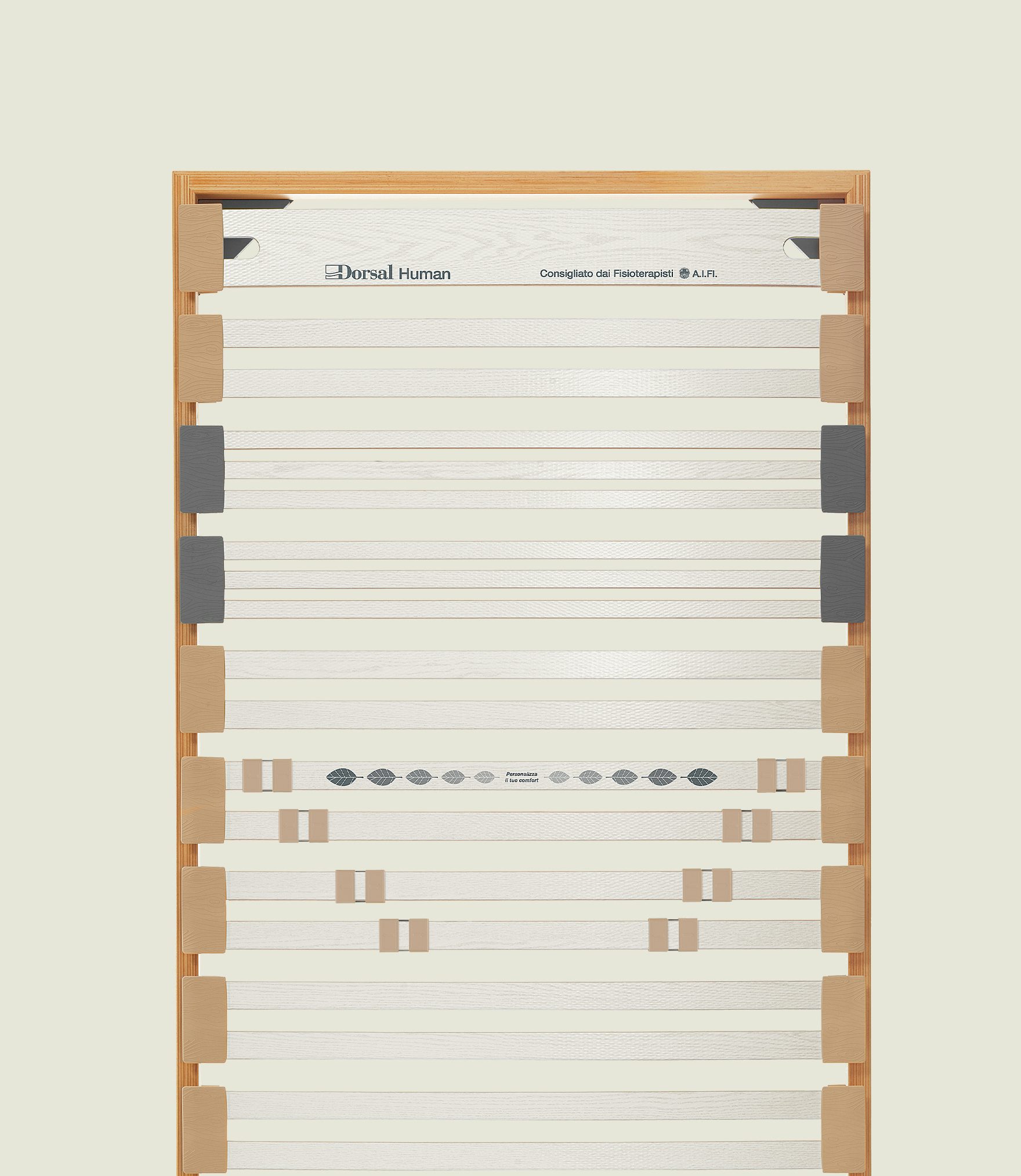 Rete letto in legno con supporti in tessuto elasticizzato bianco, inserti grigi e testata con scritta Dorsal Human…