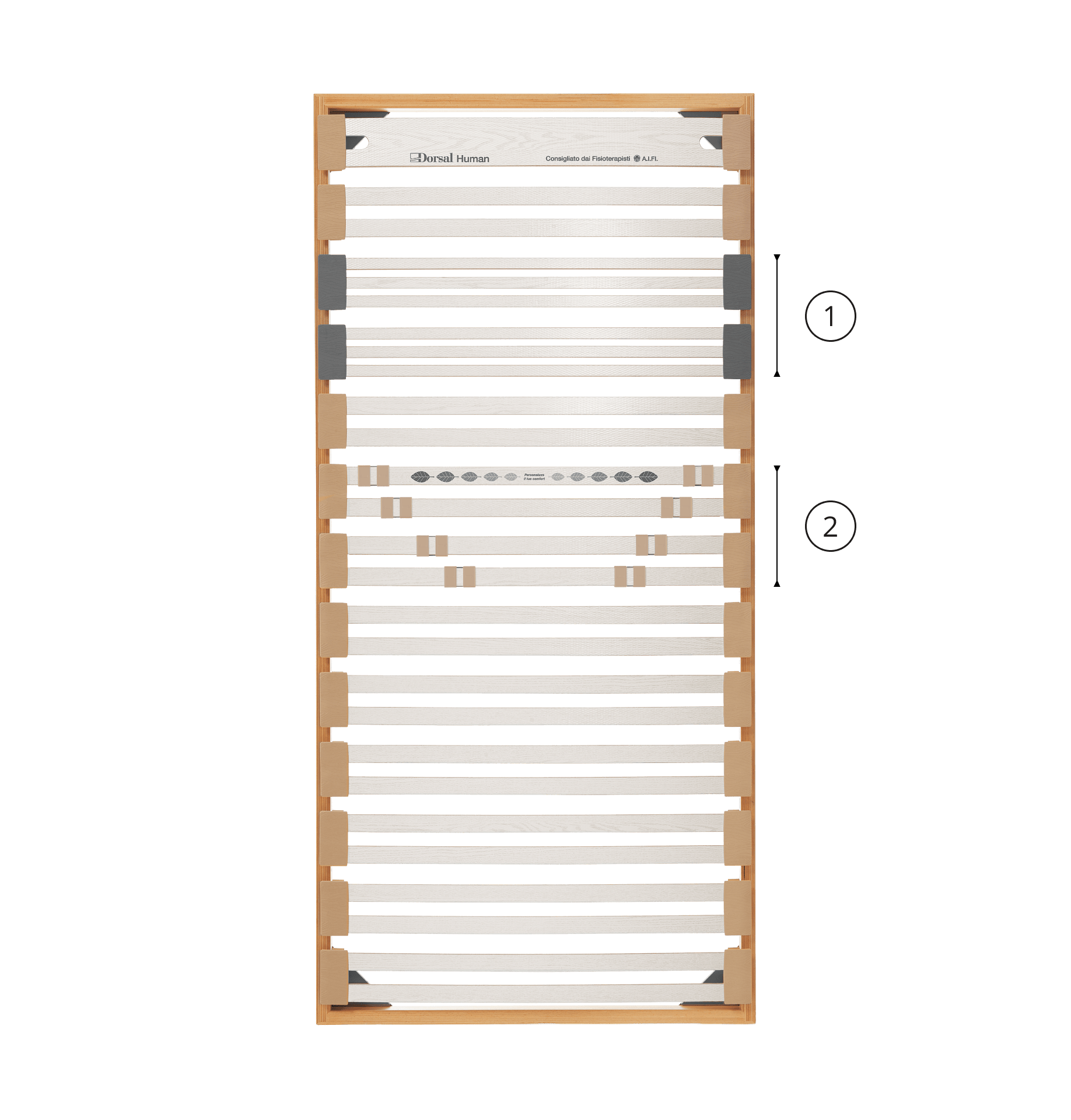 Rete ortopedica in legno con listelli flessibili, sezioni indicate 1 zona spalle, 2 zona lombare regolabile.