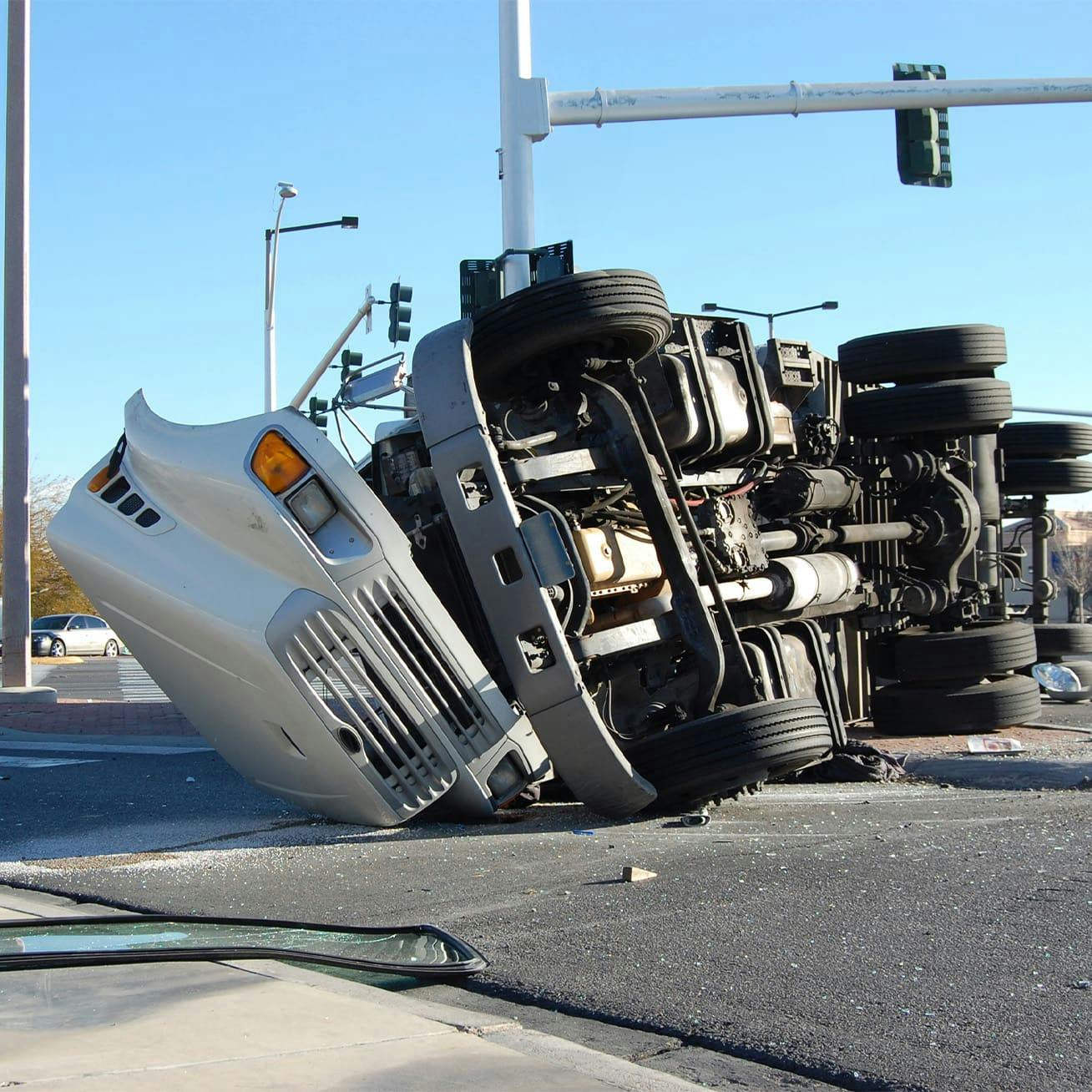 Truck on its side from an accident