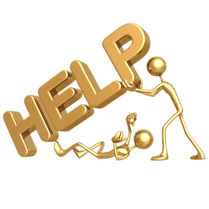 A digital image in gold with the word HELP with a stick figure holding it up and another stick figure below the word