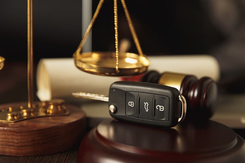 Car keys with a gavel and scales of justice in the background
