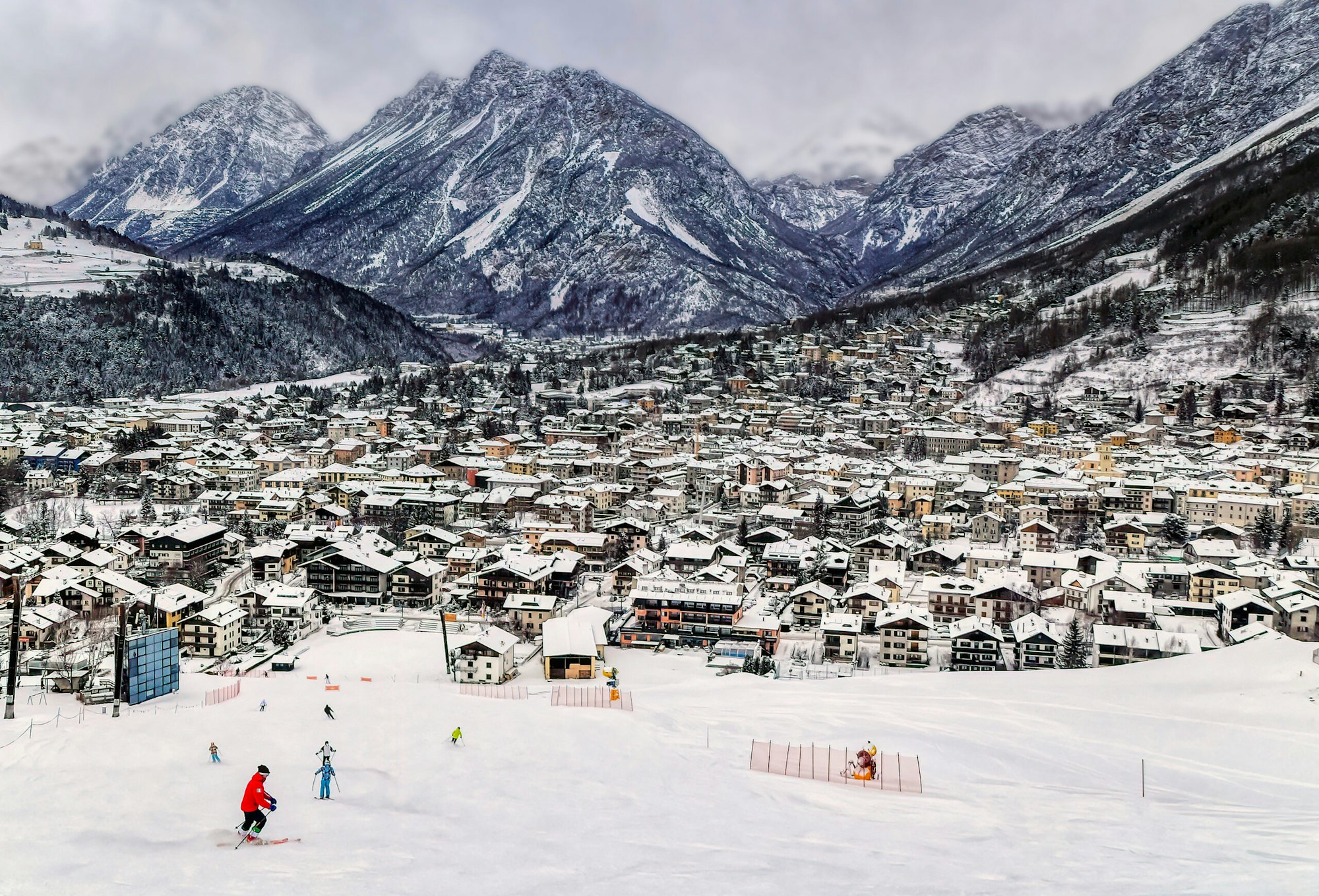 Overlook of a ski town in Bormio, Italy.
