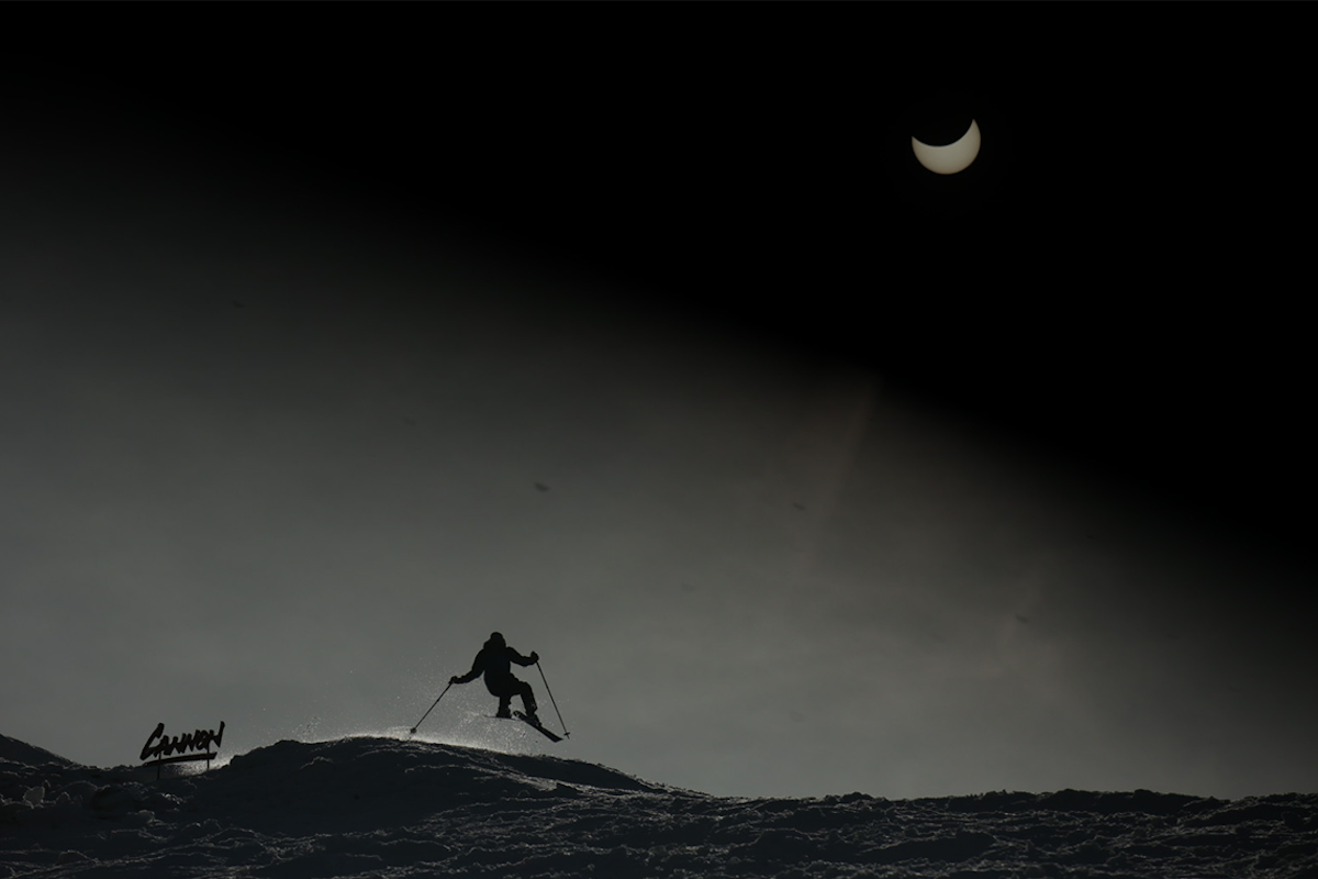 Skiing Under the 2024 Solar Eclipse at Cannon Mtn, New Hampshire