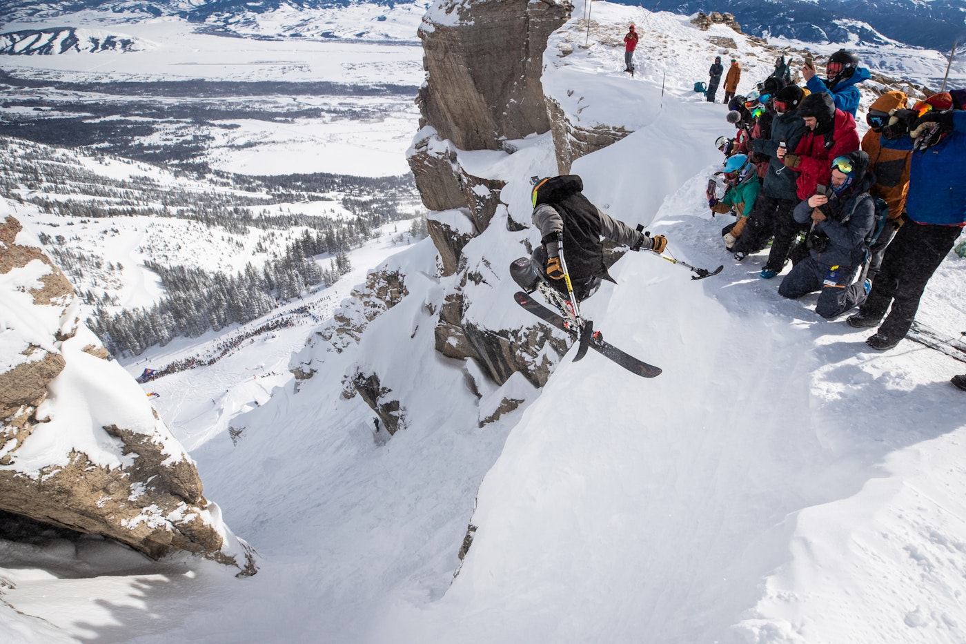 Skier Trevor Kennison airborne skiing off Corbet's Couloir in Jackson Wyoming