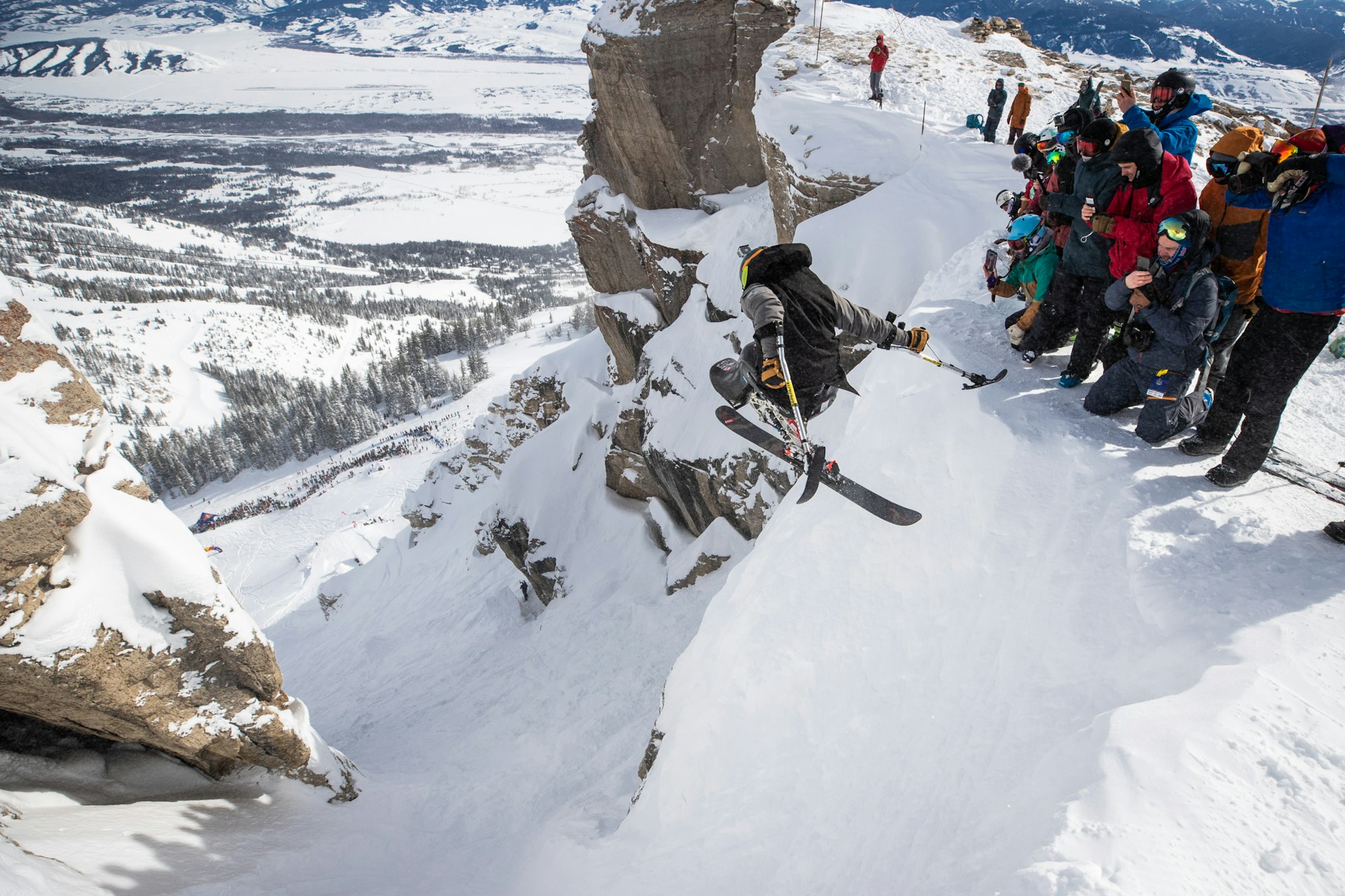 Skier Trevor Kennison airborne skiing off Corbet's Couloir in Jackson Wyoming