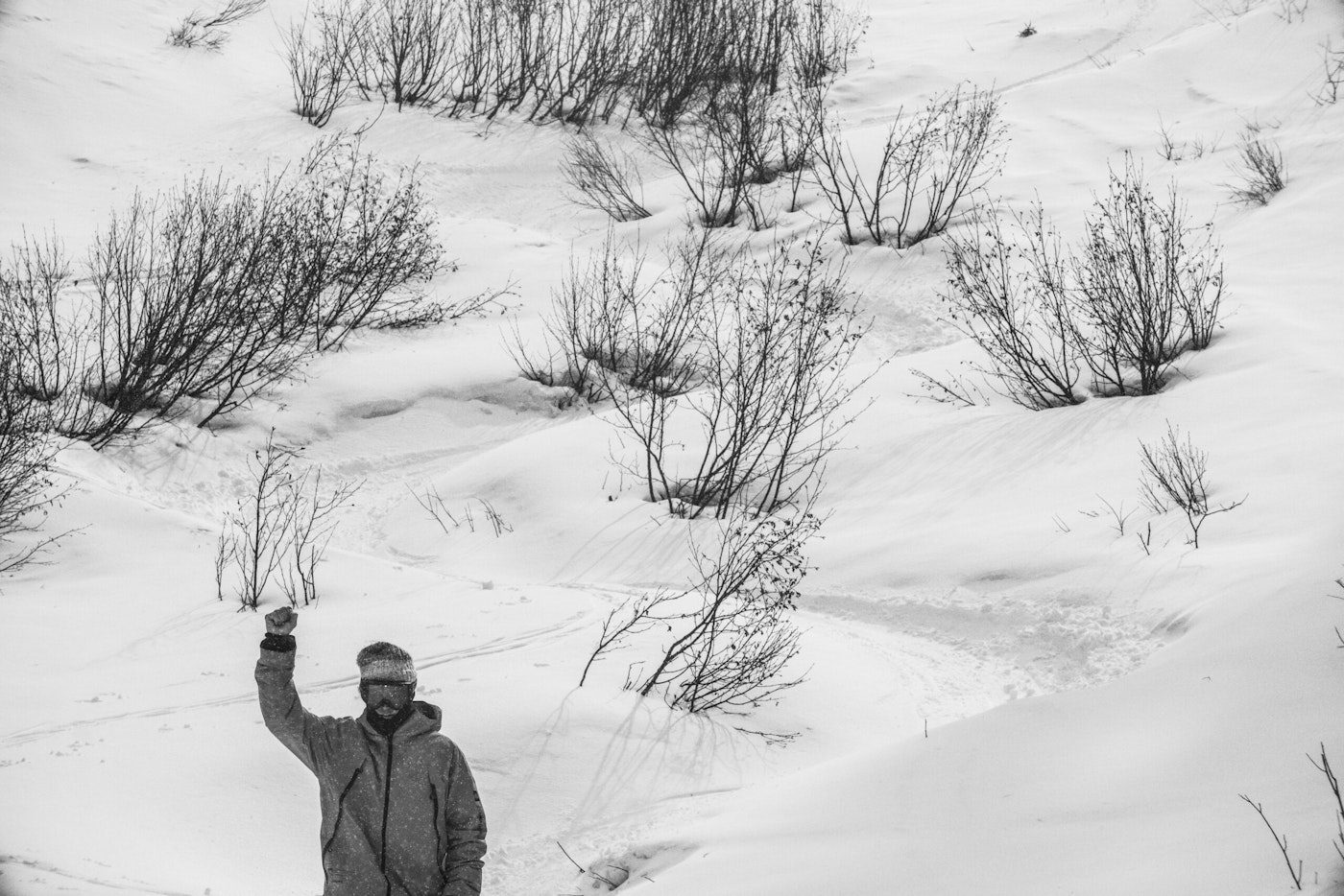 Skier holds up fist in the air in a field of powder snow