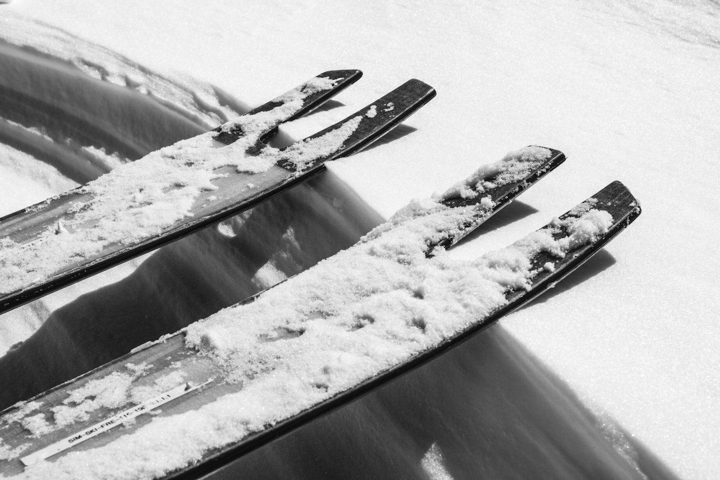 Snow covered ski tips resting on a pile of snow
