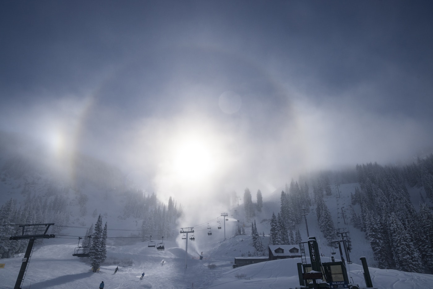 Collins and Wildcat lifts at Alta in the snow on a sunny day