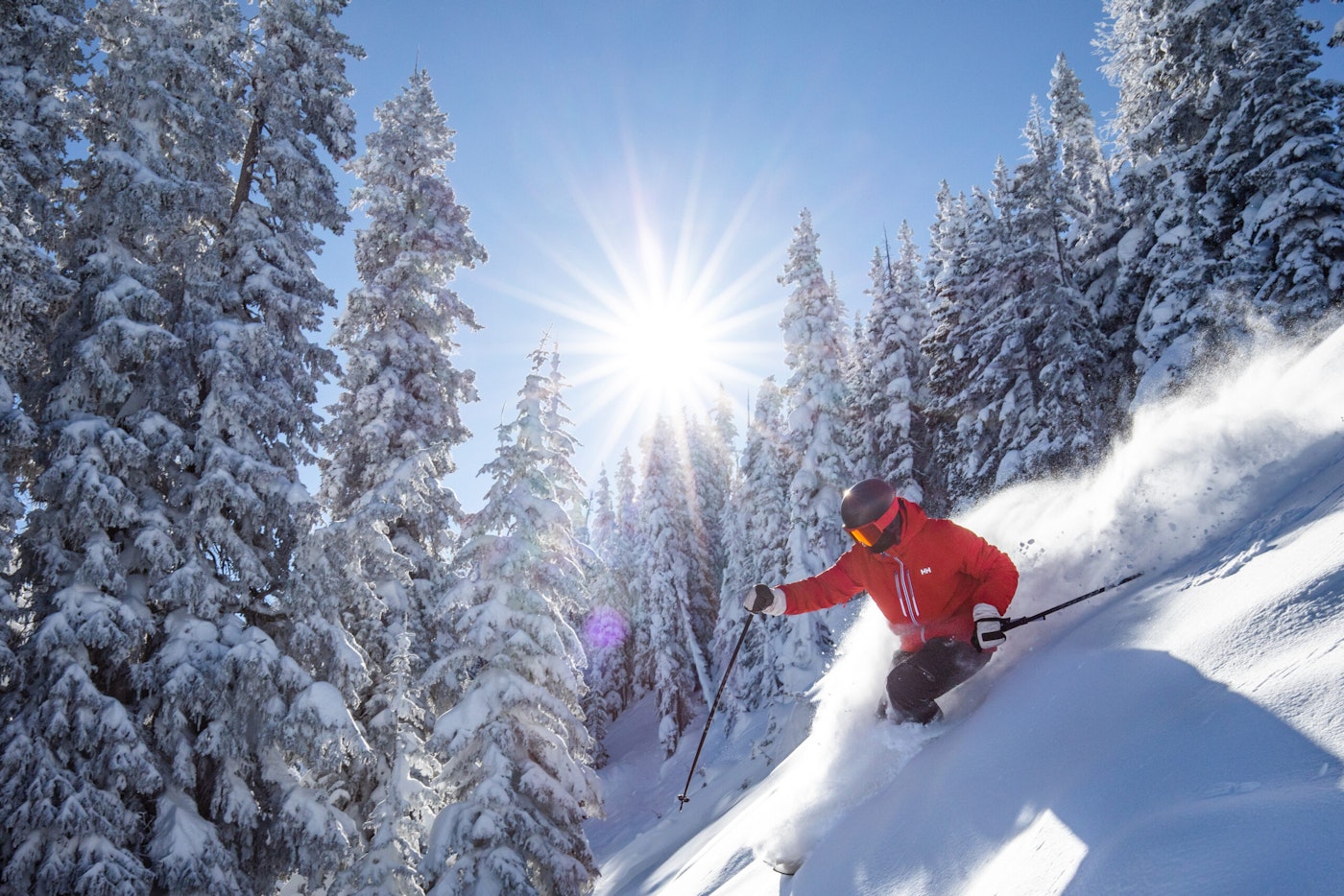 Skier skiing in deep snow in a forest at Vail Ski Resort