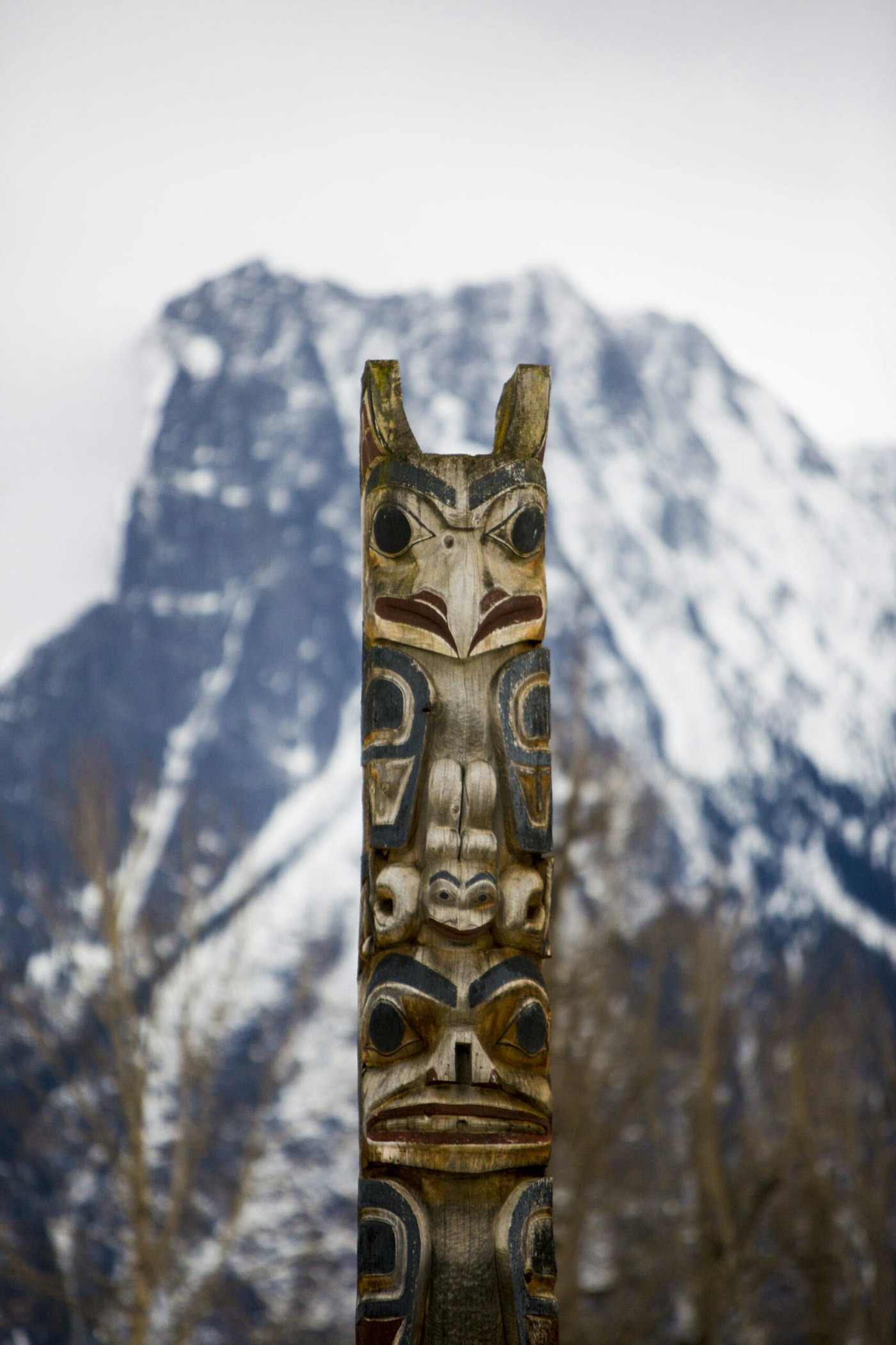 Tree trunk with carved face designs with a mountain in the background