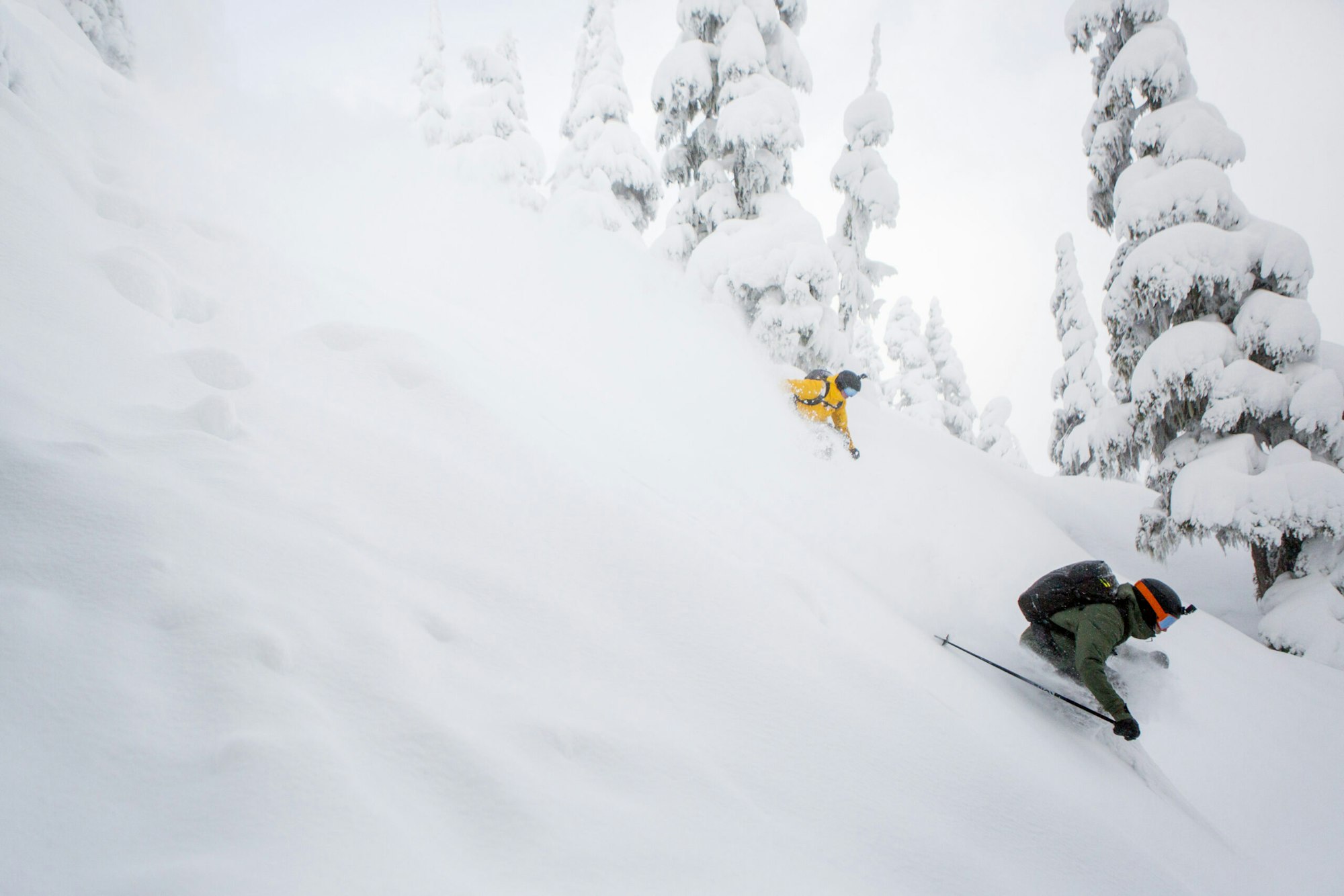 Two skiers Ian Morrison and Abel Moga skiing through deep snow in the forest at Shames mountain