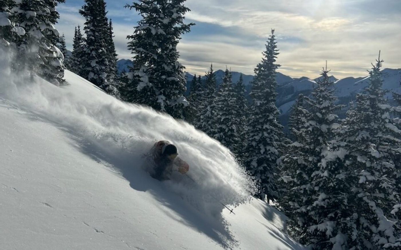 Skier turns in deep powder snow in snowy trees at Silverton Resort in Colorado