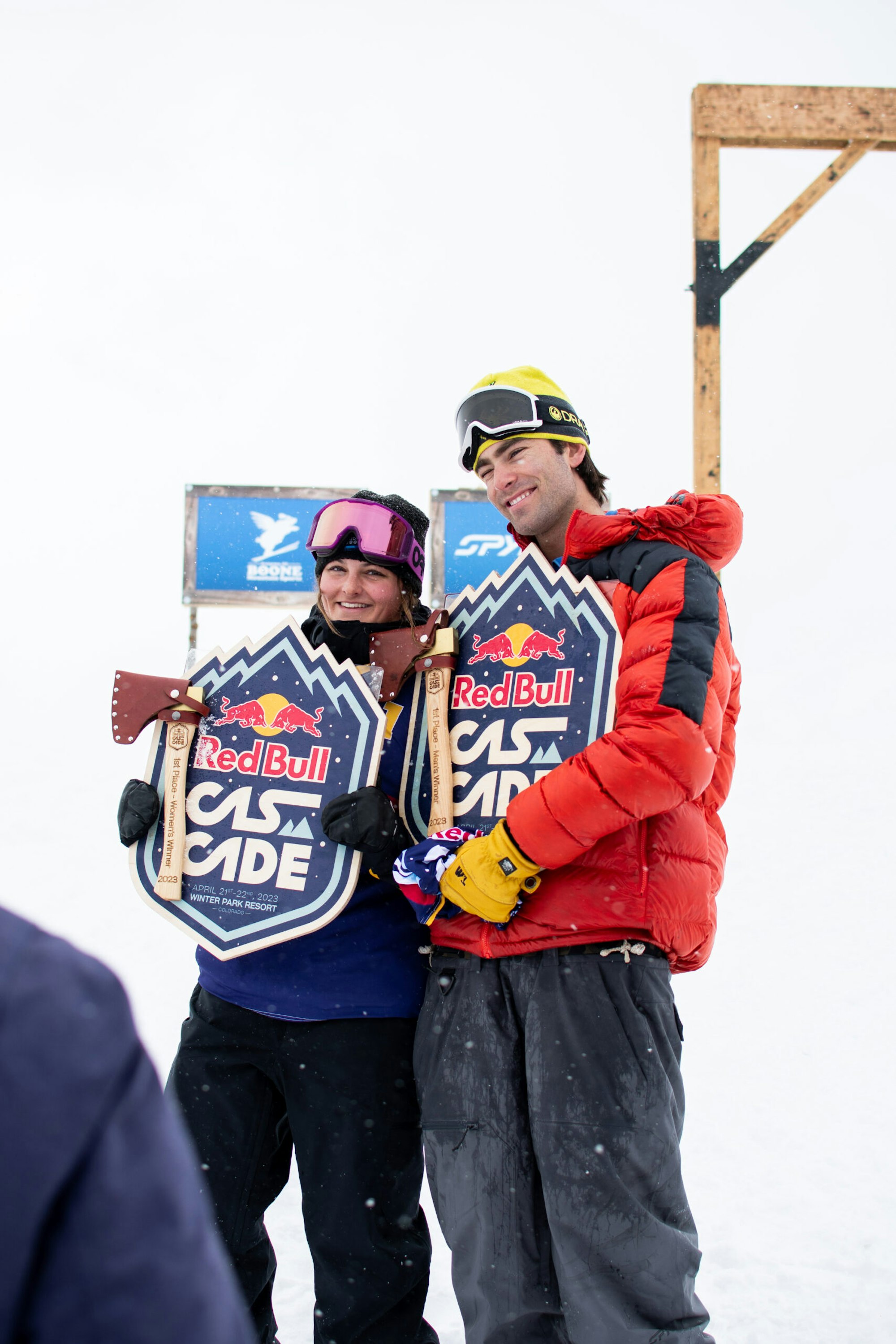 Grace Henderson and Alex Hall pose with first place plaques at Red Bull cascade