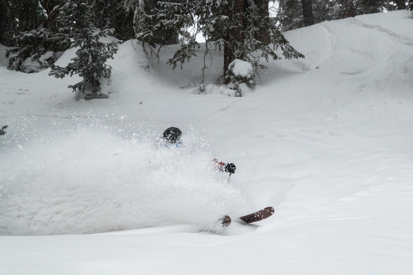 Ski tester Shane Furman turns through deep powder snow at Silverton Resort in Colorado