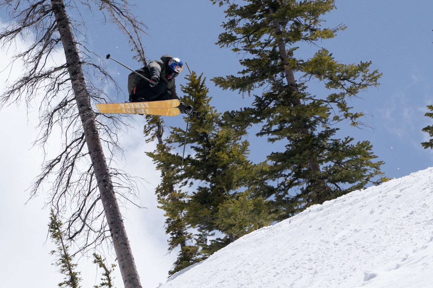 Skier mid air in the forest