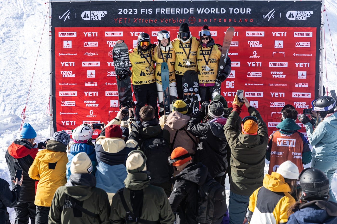 All of the Freeride World Tour champions of 2023 on the podium