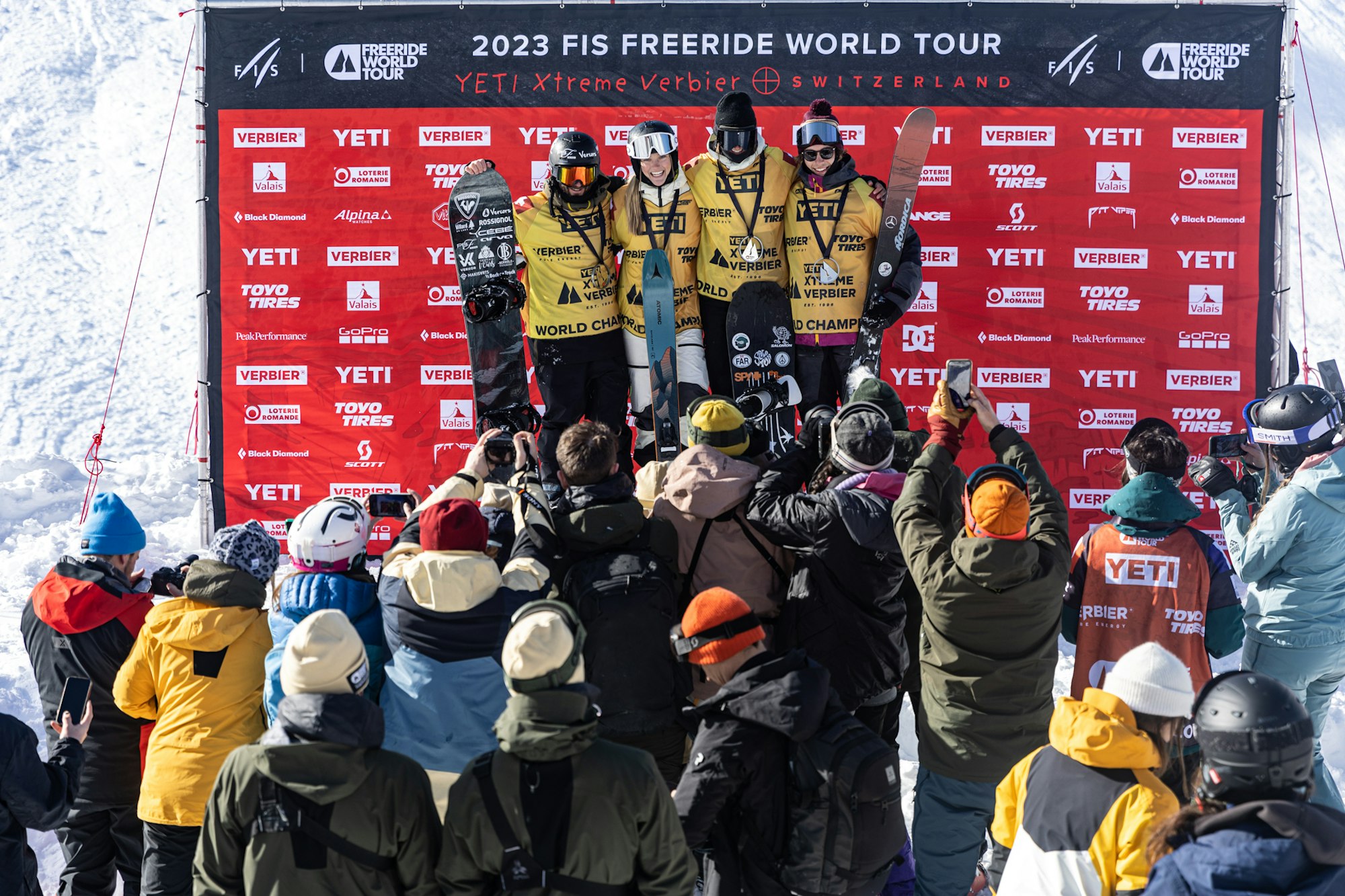 All of the Freeride World Tour champions of 2023 on the podium
