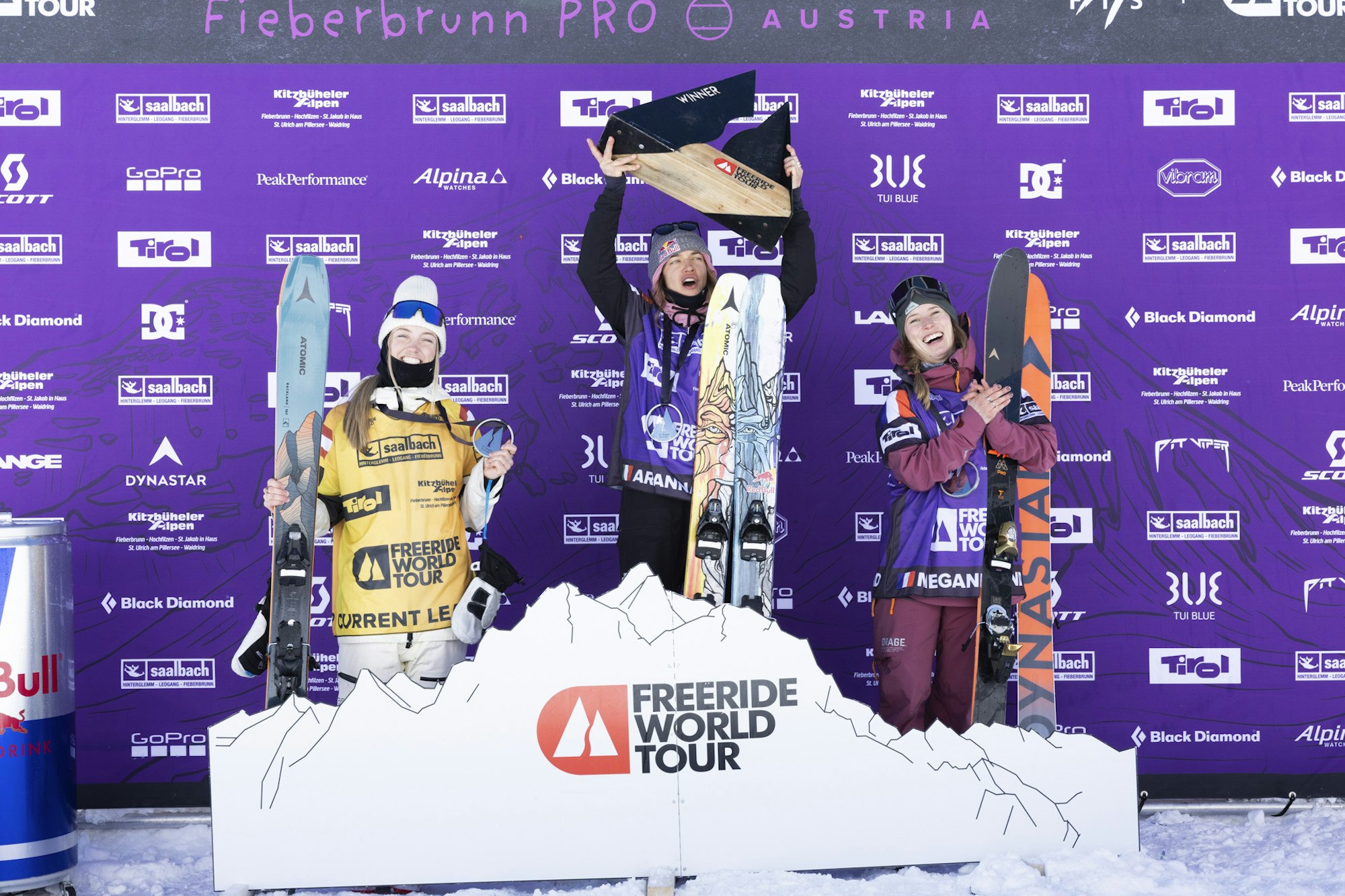 Freeride World Tour skiers on the podium