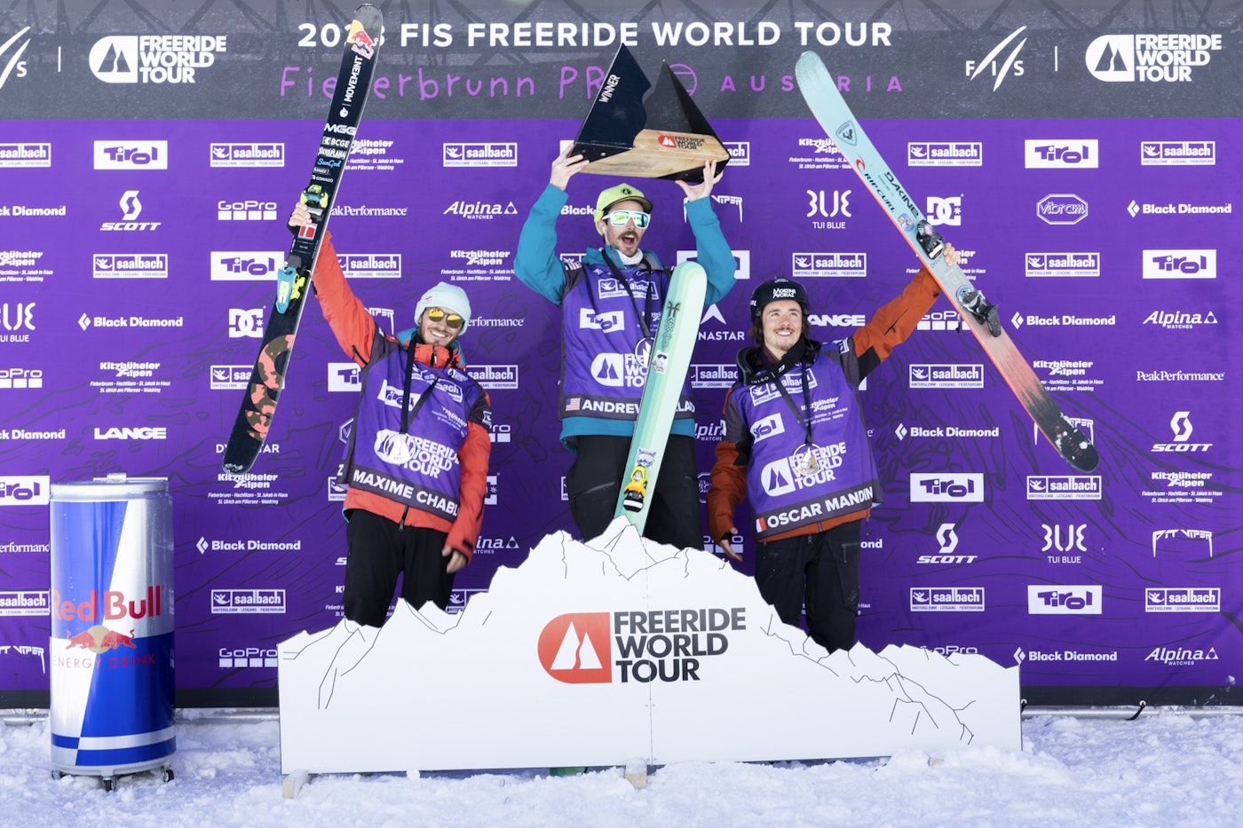 Freeride World Tour skiers on the podium