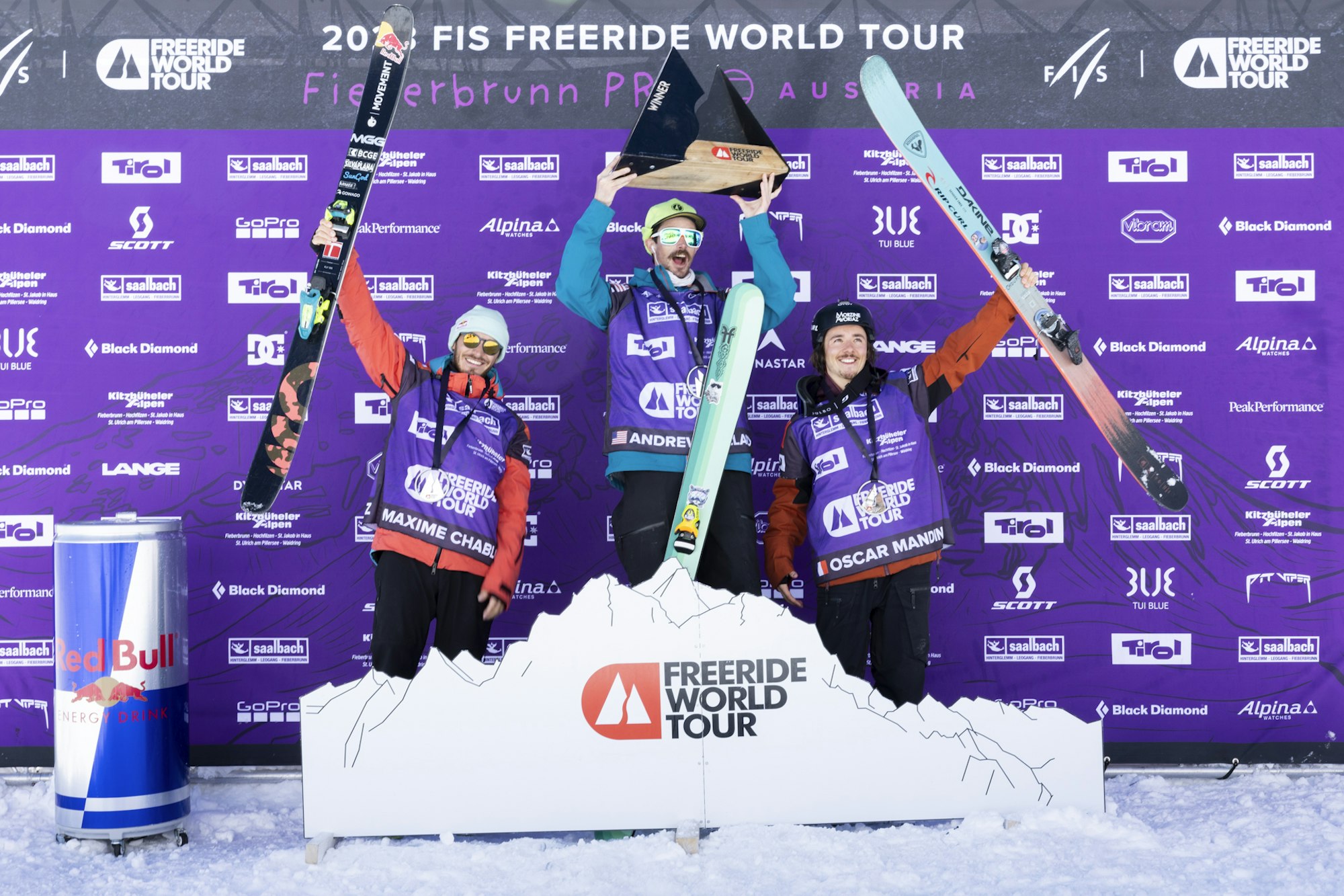 Freeride World Tour skiers on the podium
