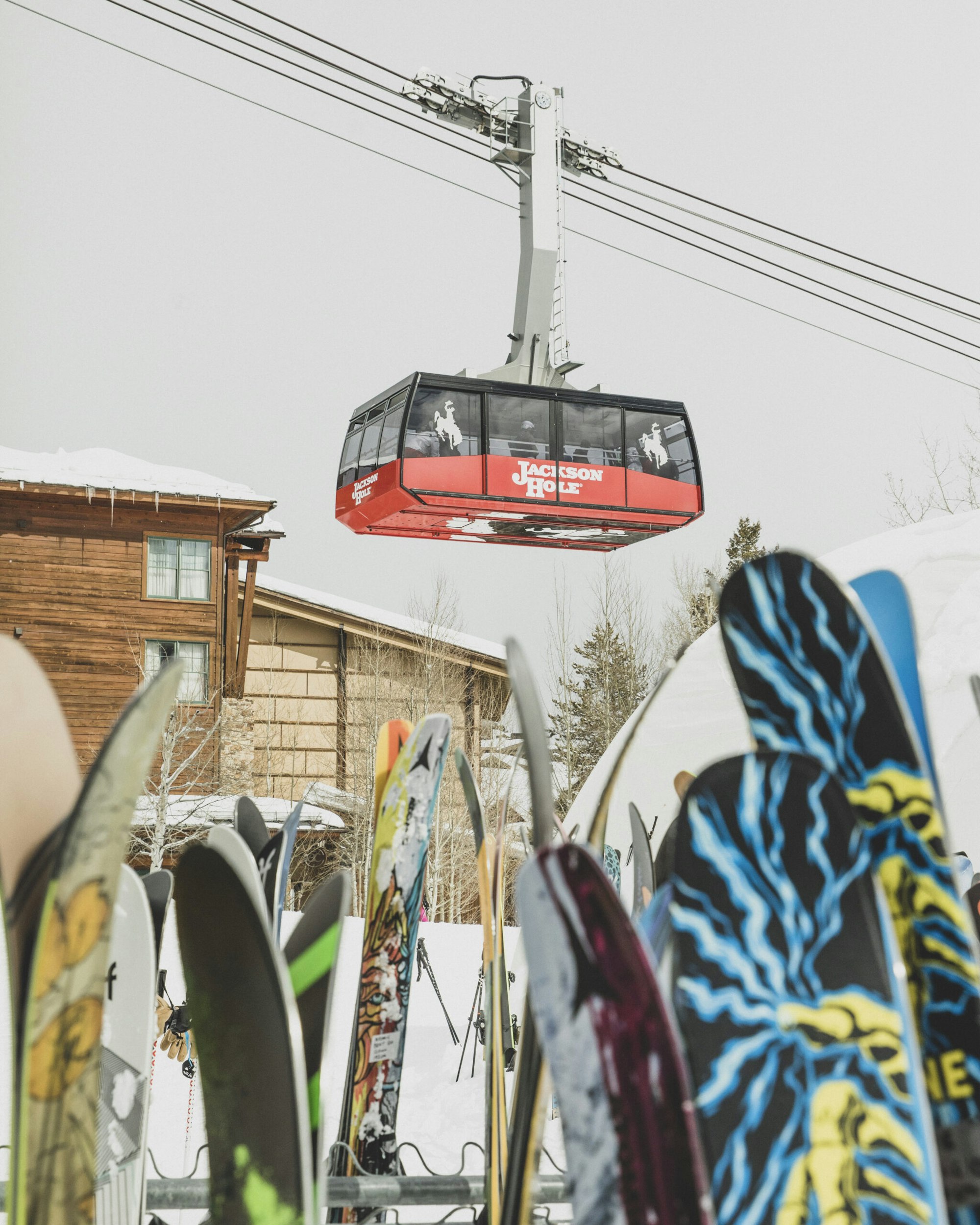 Jackson Hole tram with skis in the foreground