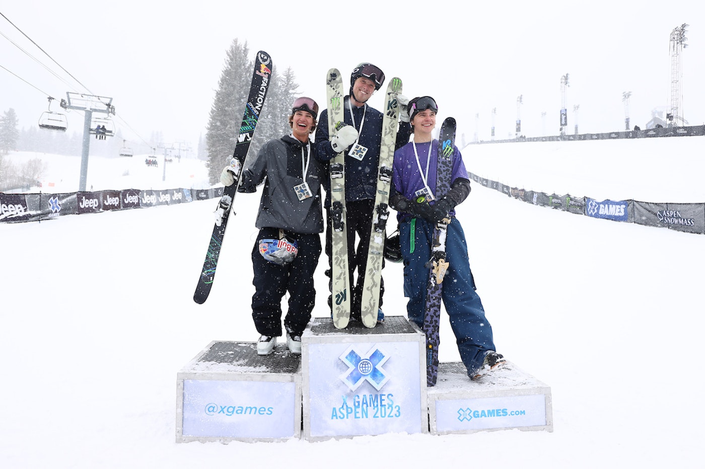 Mac Forehand, Colby Stevenson and Ferdinand Dahl posing on x games podium