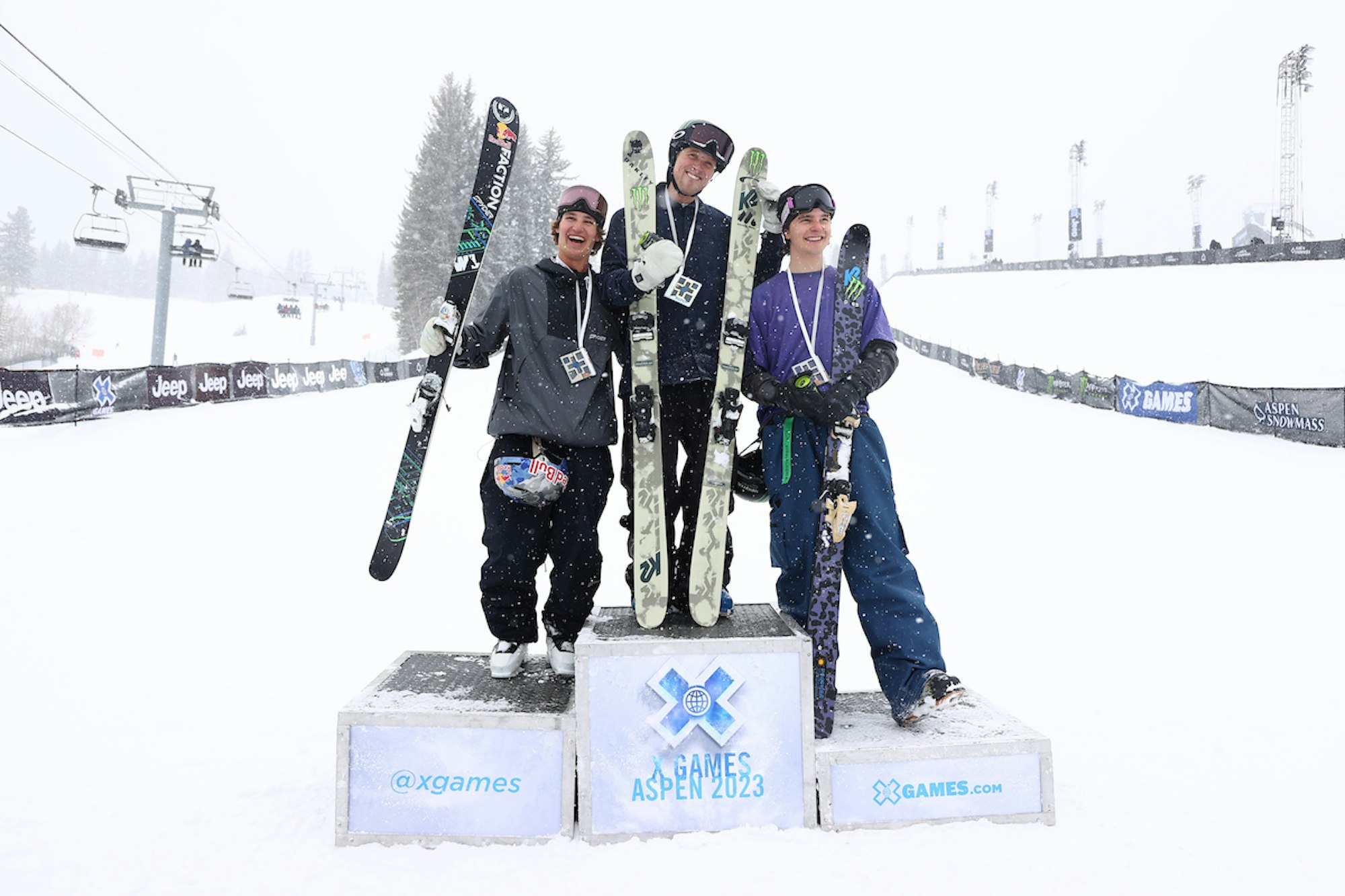 Mac Forehand, Colby Stevenson and Ferdinand Dahl posing on x games podium