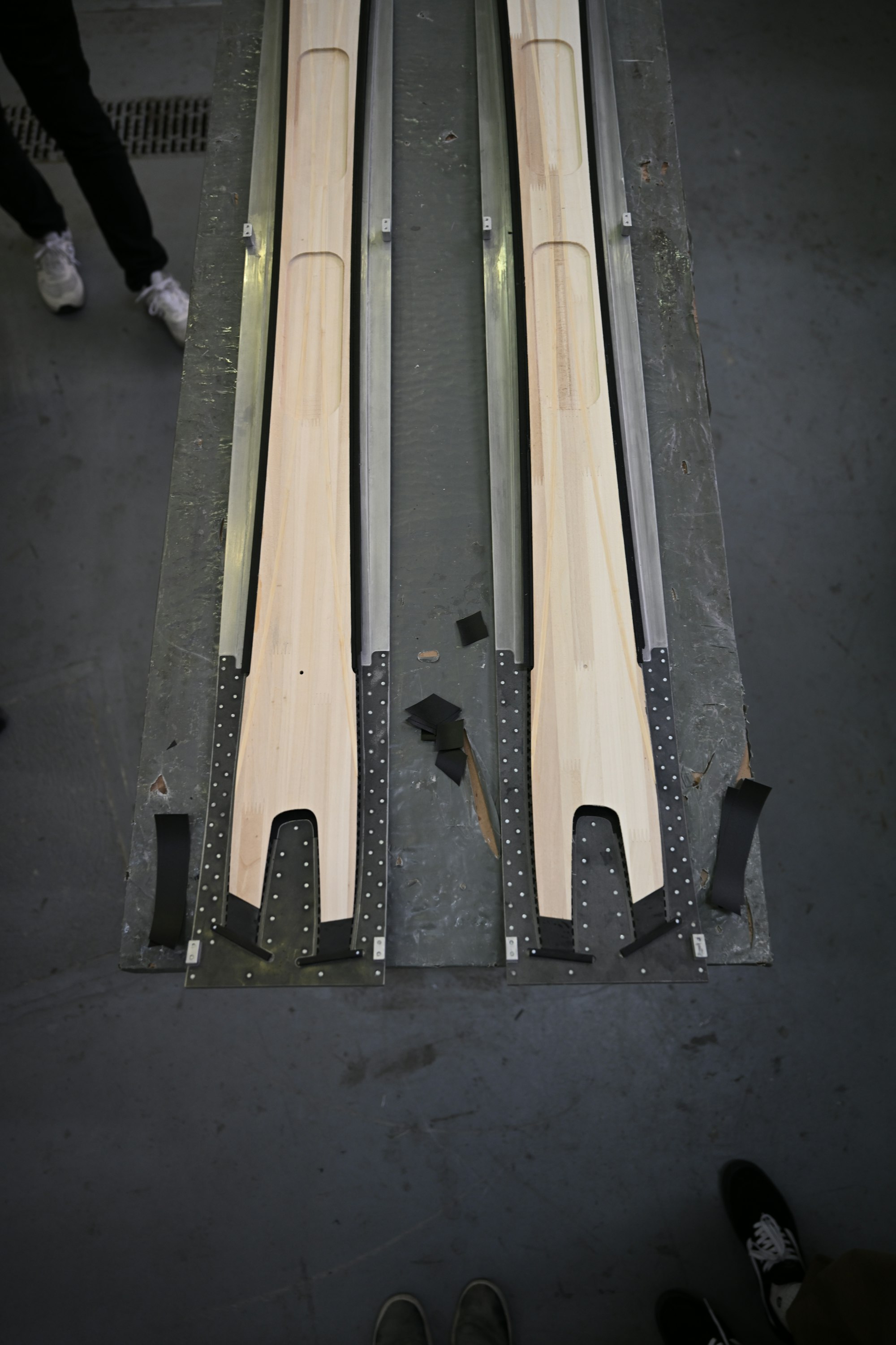 Skis being made -- wood core visible