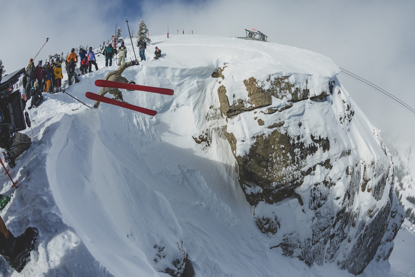 Skier Alex Hackel throws a flip at Corbet's Couloir in Jackson Hole, Wyoming