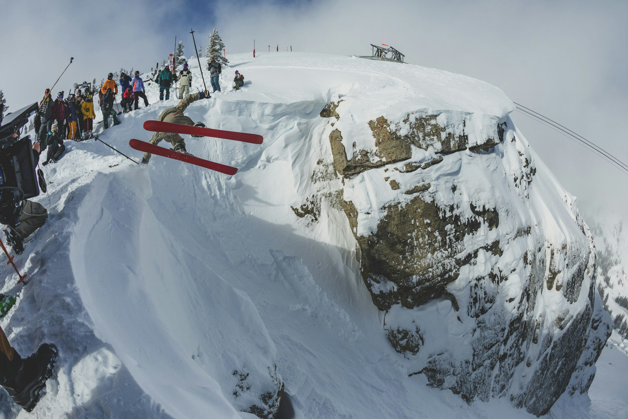 Skier Alex Hackel throws a flip at Corbet's Couloir in Jackson Hole, Wyoming