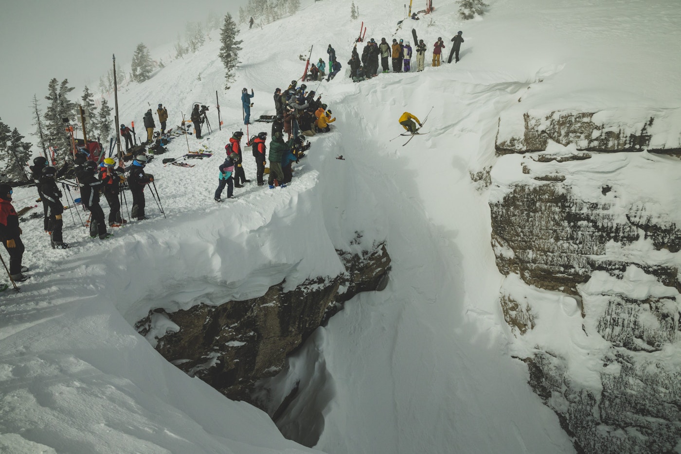 Skier Karl Fostvedt doing a 720 spin at Corbet's Couloir in Jackson Hole, Wyoming