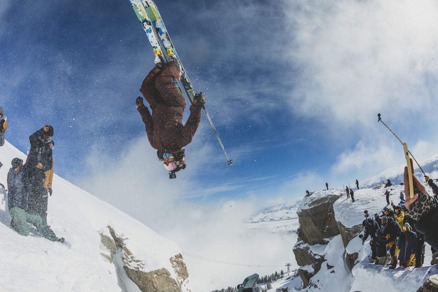 Skier Veronica Paulsen doing a backflip into Corbet's Couloir in Jackson Hole, Wyoming.