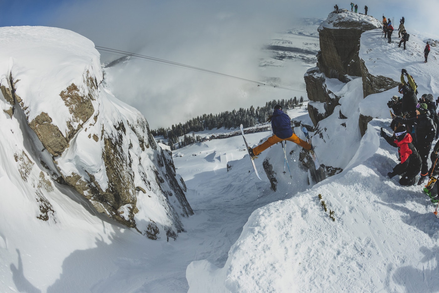 Skier Amy David doing a truck driver into Corbet's Couloir.