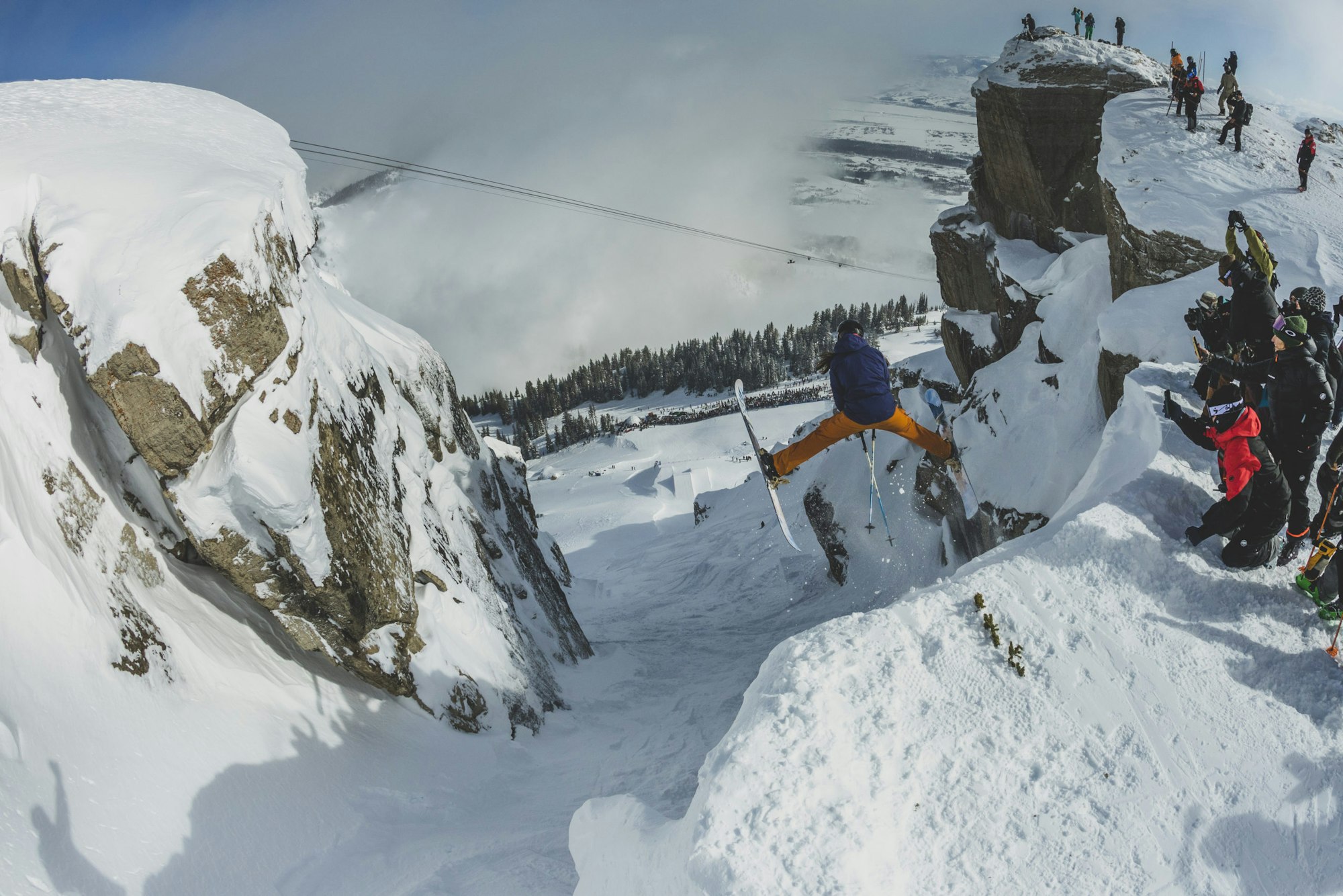 Skier Amy David doing a truck driver into Corbet's Couloir.