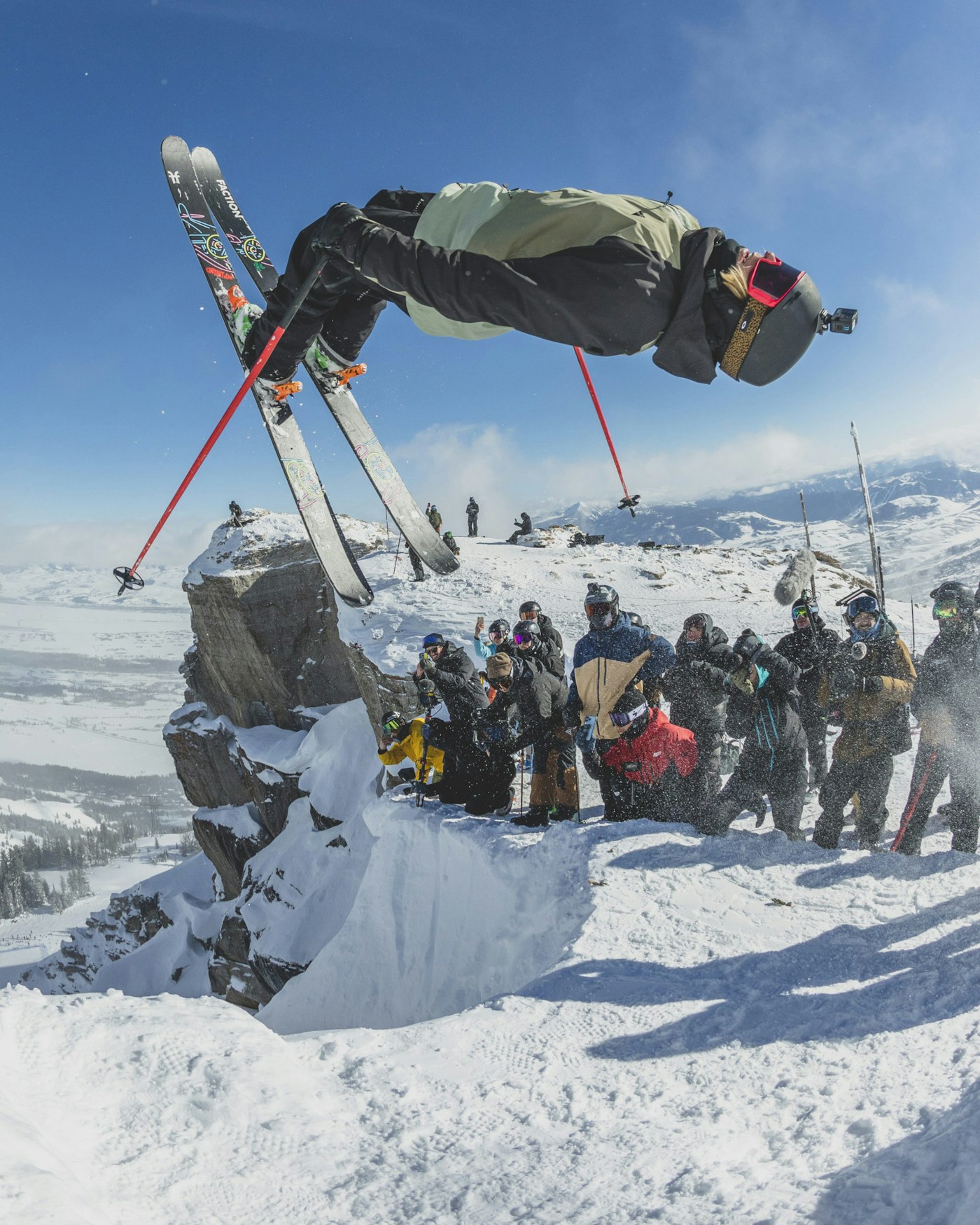 Skier Blake Wilson backflipping into Corbet's Couloir.