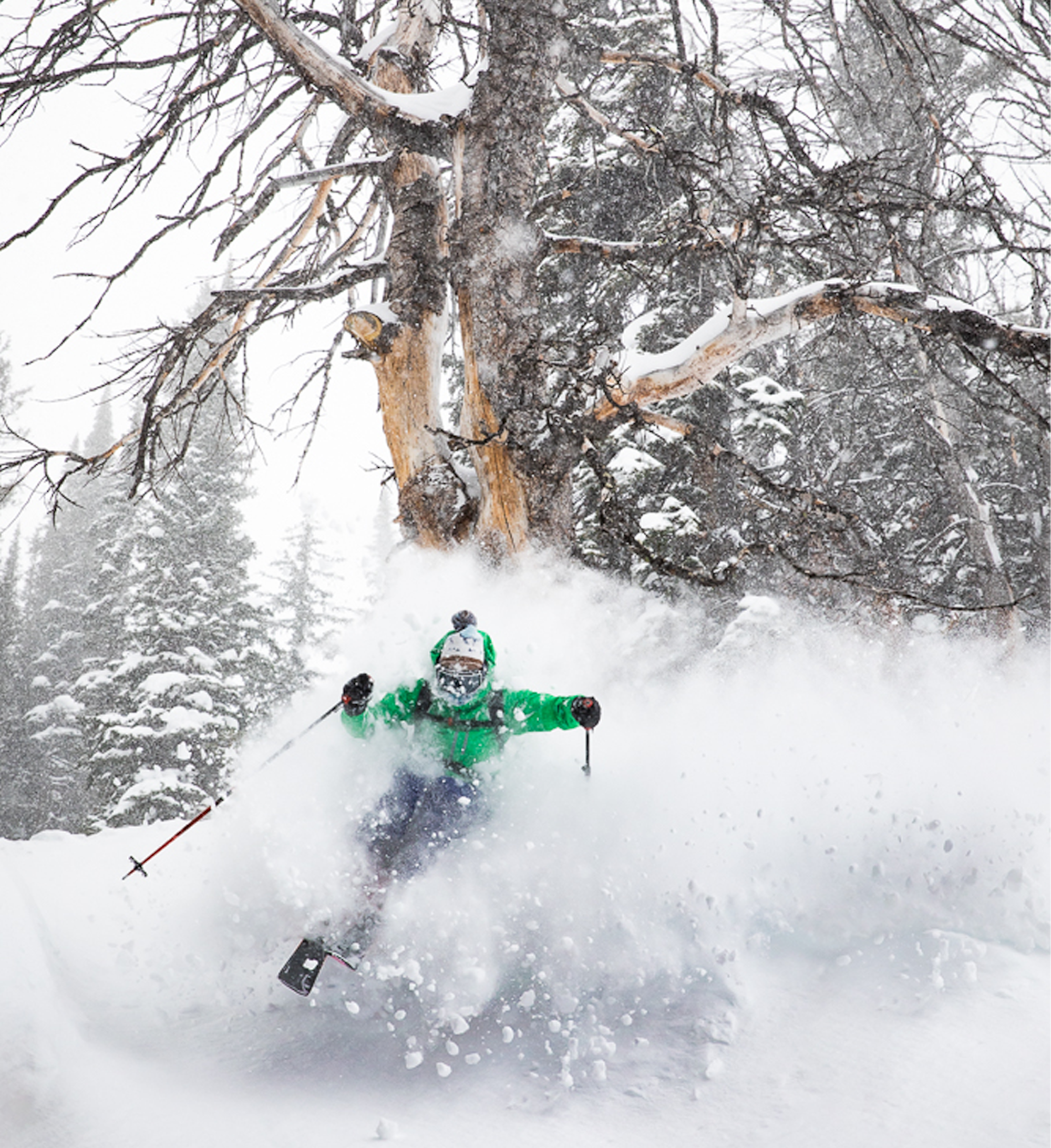 Skier Jeff Leger skiing through deep powder at Jackson Hole Mountain Resort in Wyoming