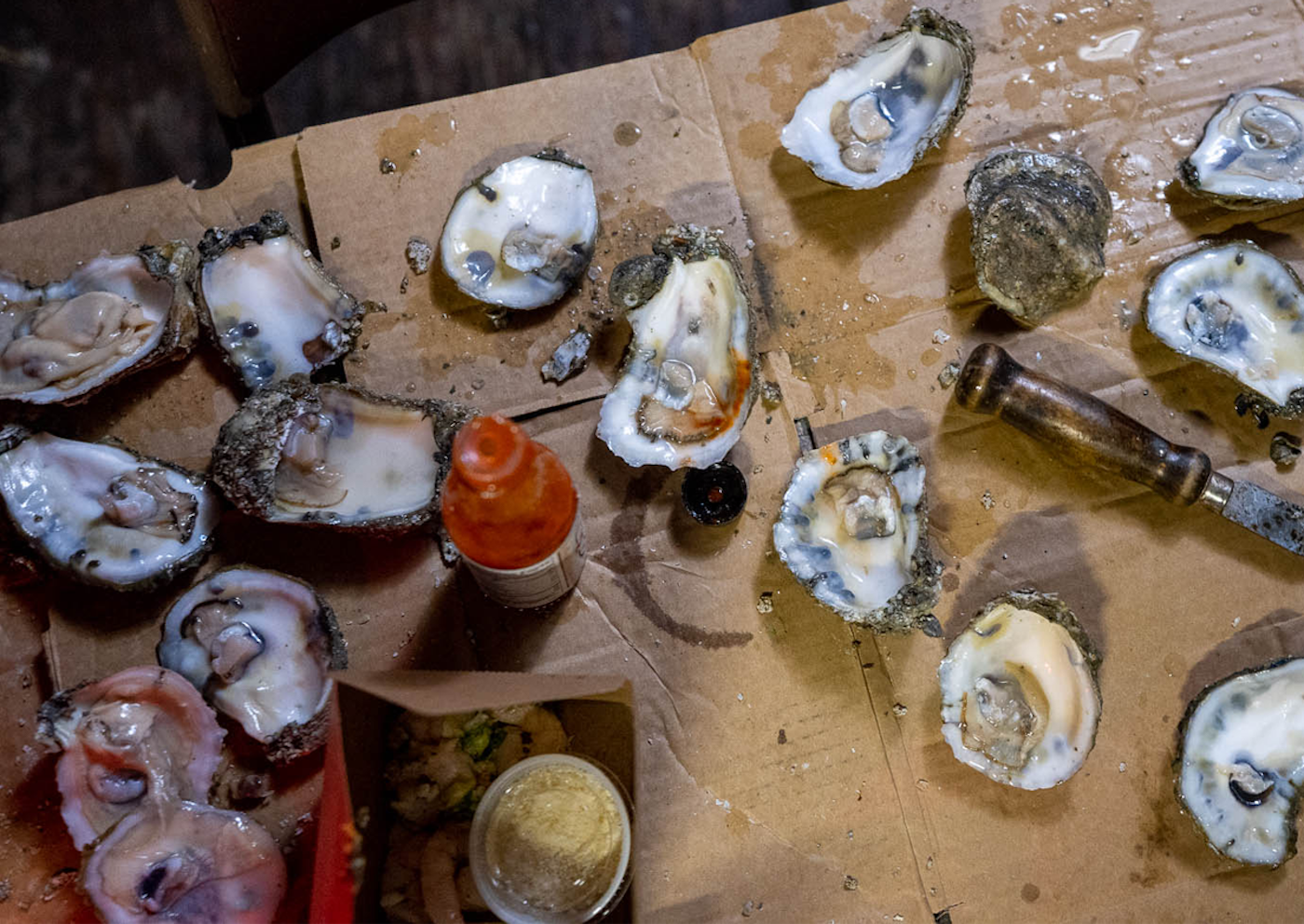 Shucked oysters on a table