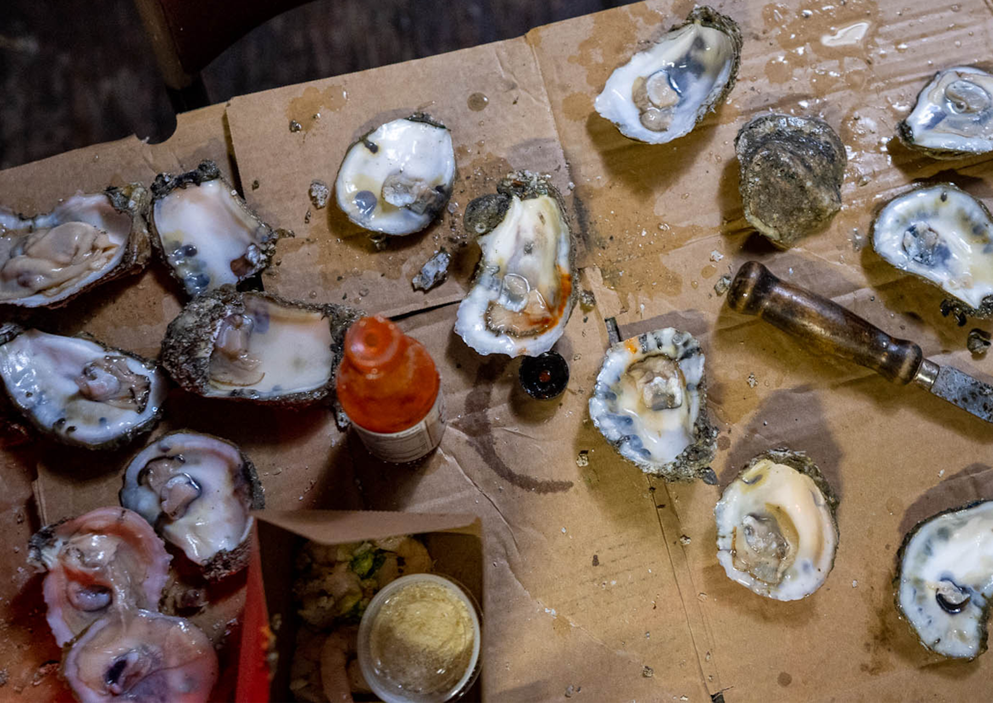 Shucked oysters on a table