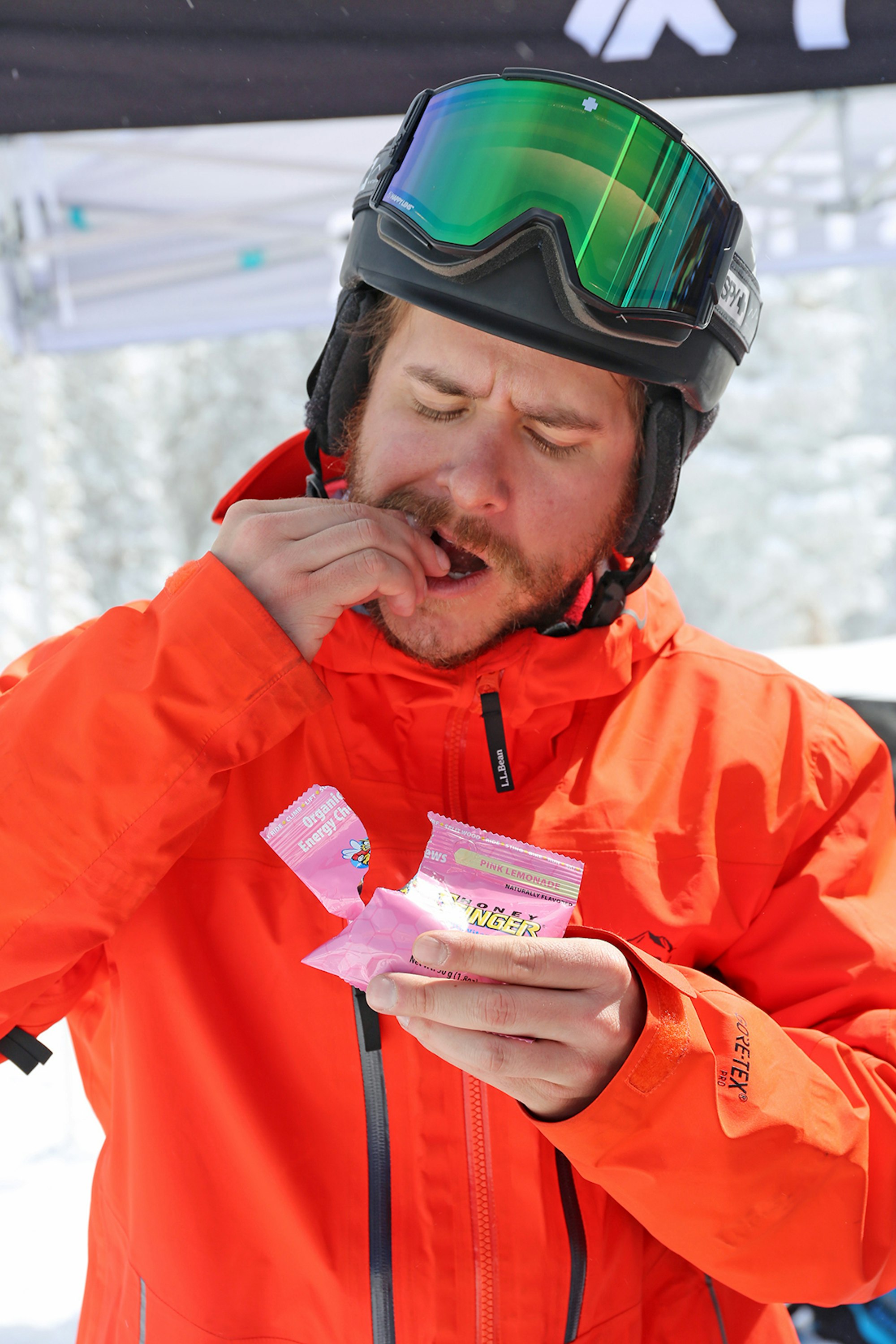 Skier eats honey stinger gummies