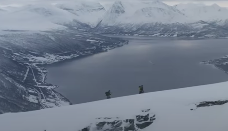 Skiing the Blue Mountain chute in Trømso