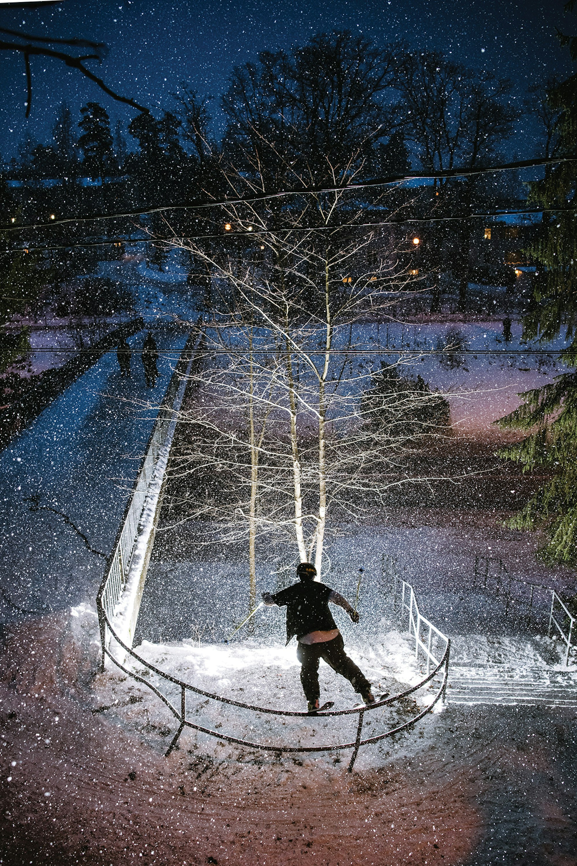 Skier Corey Jackson jibbing in the streets in Helsinki