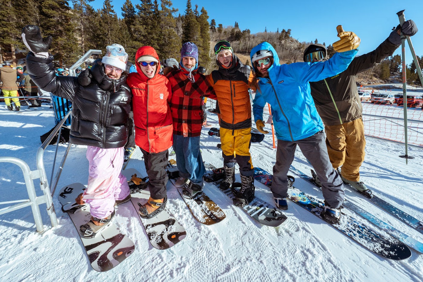 Snowboarders at Eldora Mountain opening day