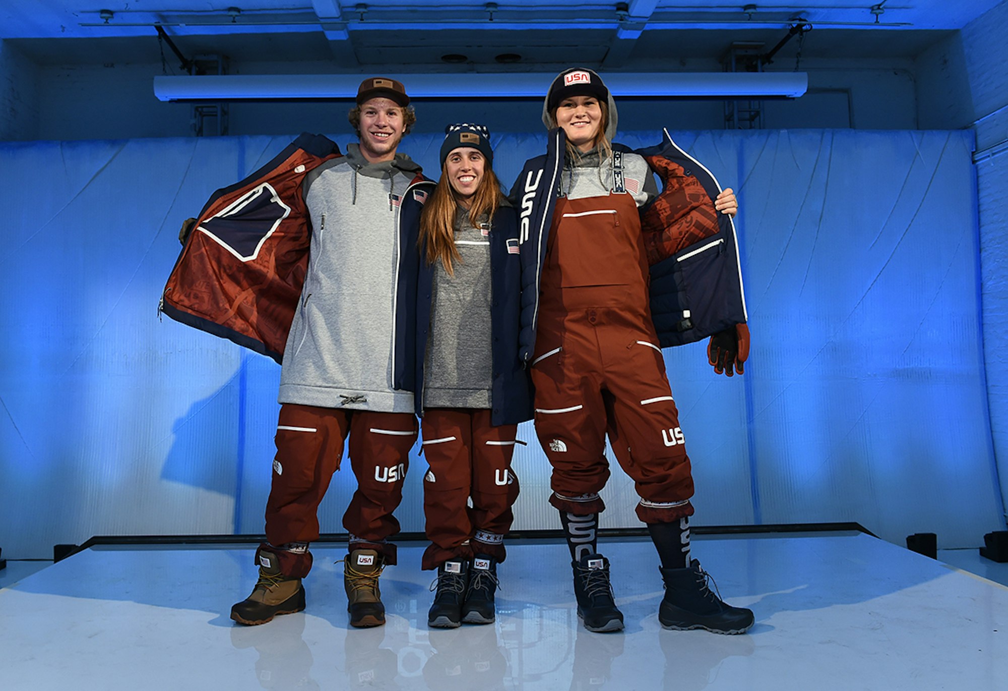 From left to right, Aaron Blunck, Maddie Bowman and Devin Logan show off the new Olympic apparel.