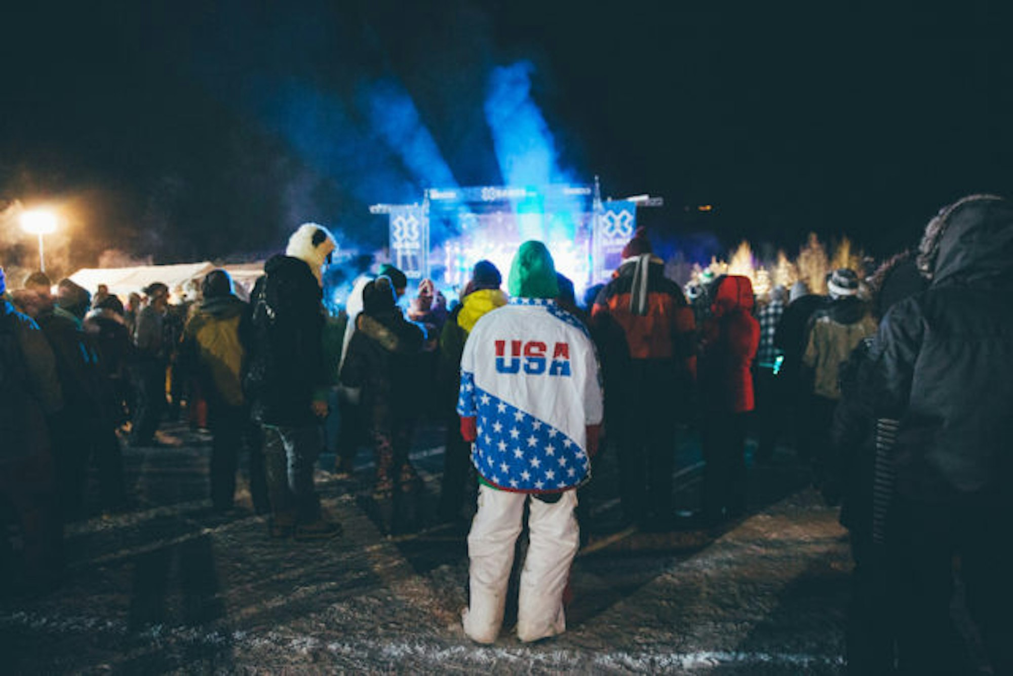 Fan at an X-Games concert wearing a USA Jacket