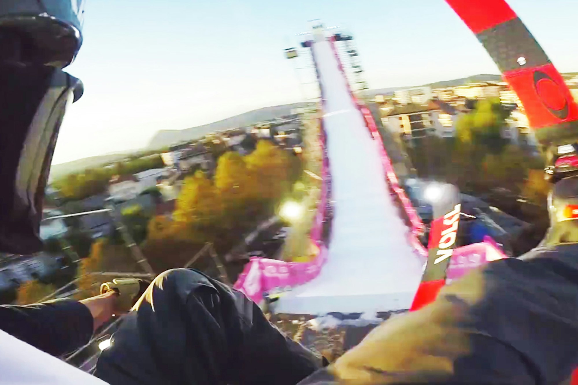 Hit a 16-story jump in Annecy, France with local skier Jeremy Pancras