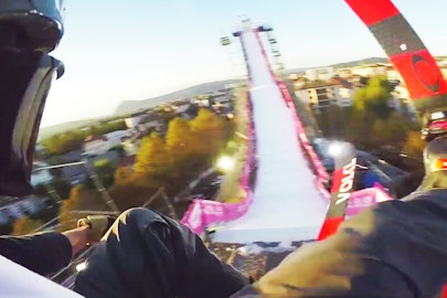 Hit a 16-story jump in Annecy, France with local skier Jeremy Pancras