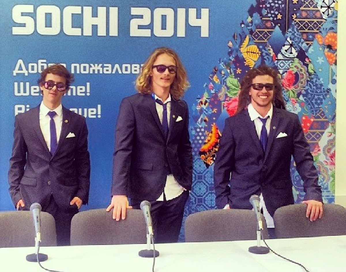 Photo: Harlaut, Swedish slopestyle team, don fresh new suits for press conference