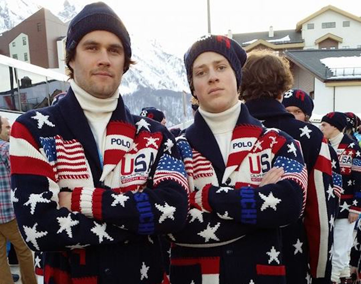 Bobby Brown and Joss Christensen pose before the Olympic opening ceremony