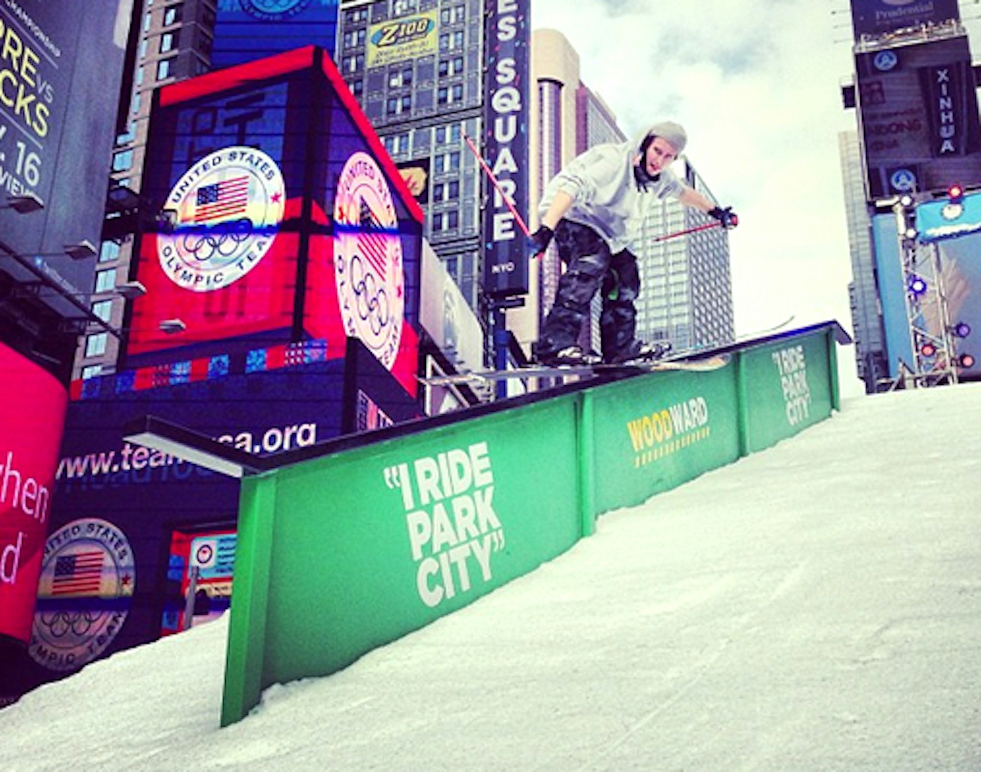 100 days from Sochi, US Freeskiing team shreds jib set-up in Times Square